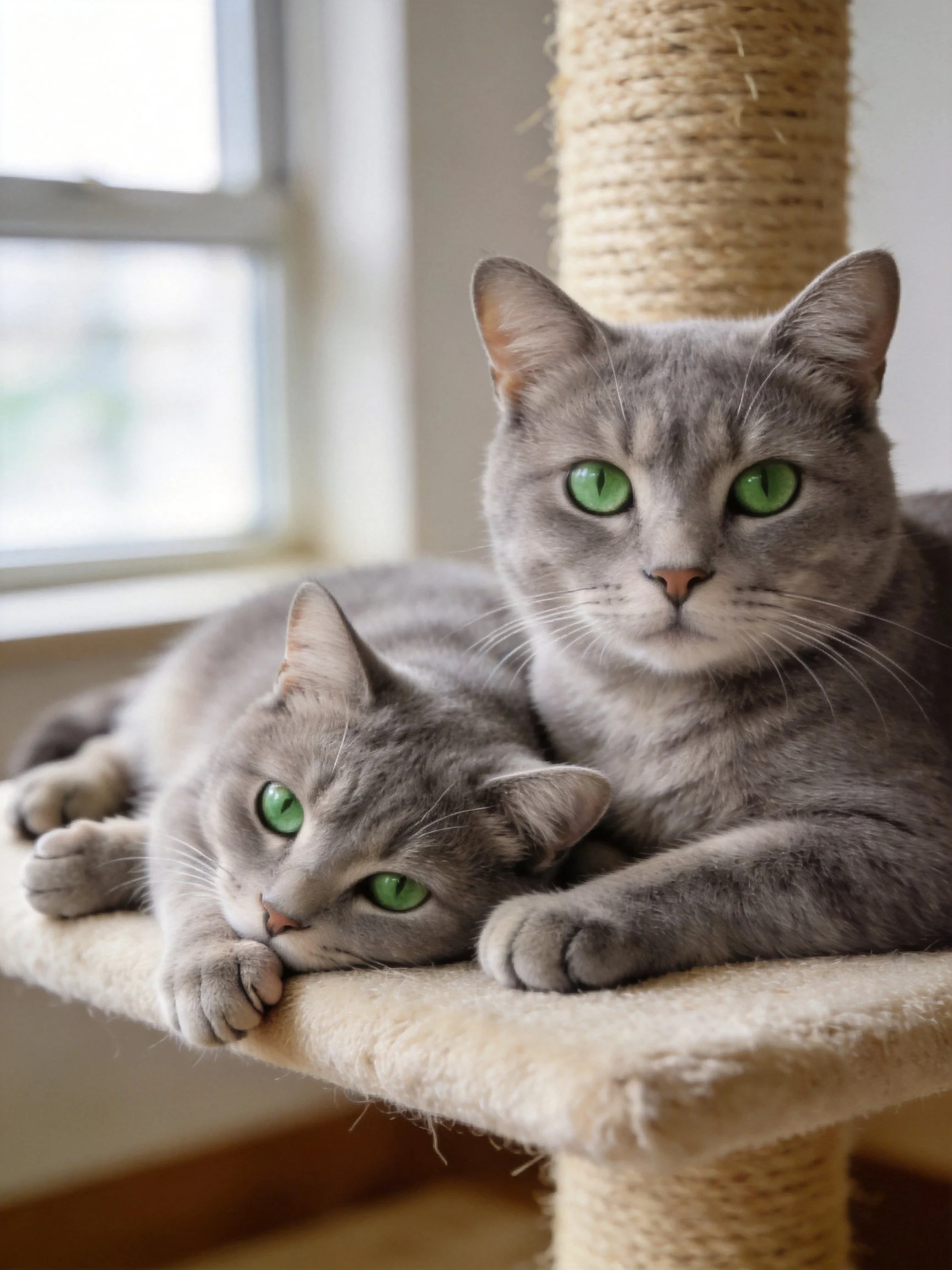 Two gray cats with green eyes rest on a cat tree near a bright window