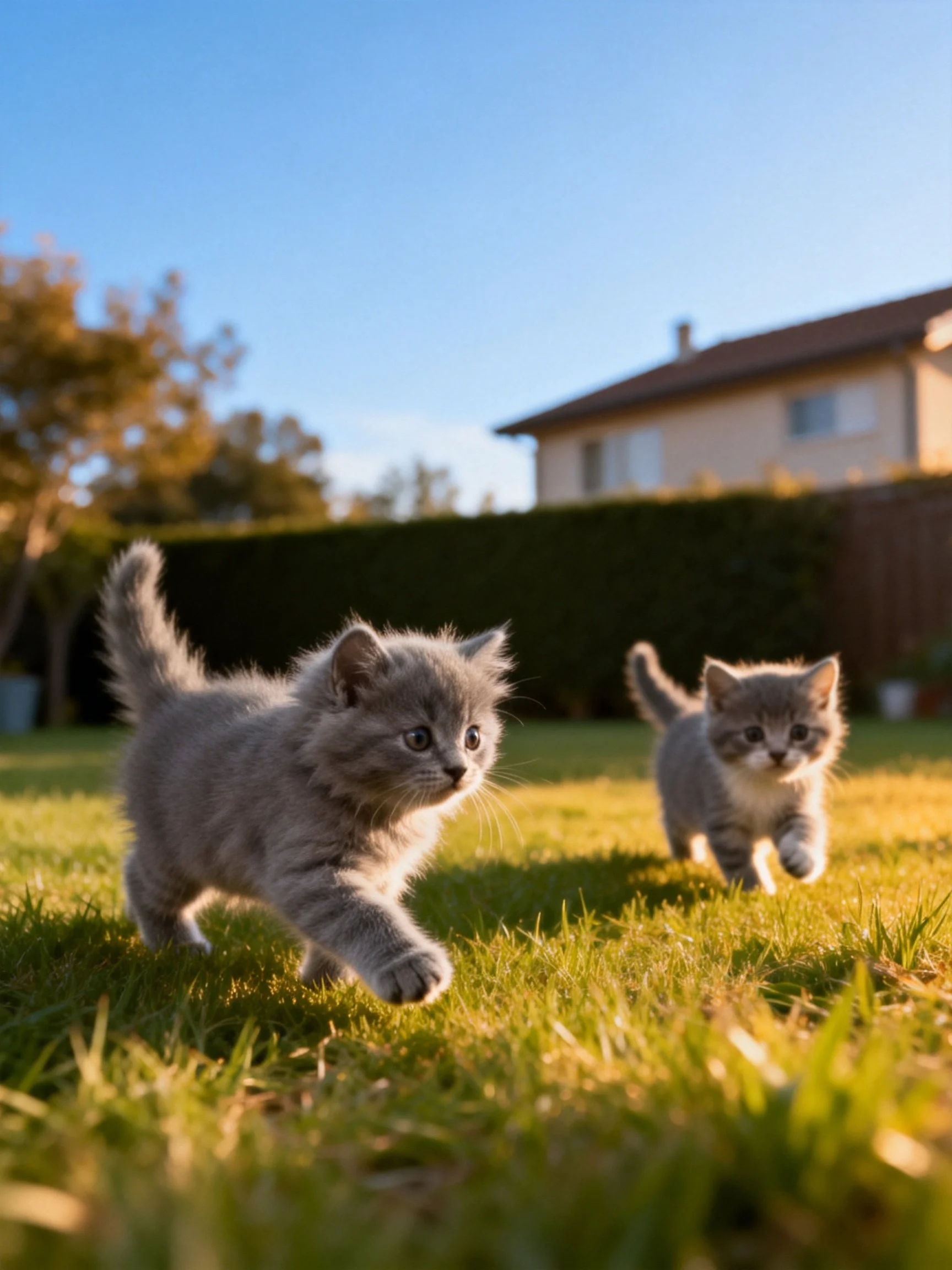 Two gray kittens exploring a sunlit grassy area near a house