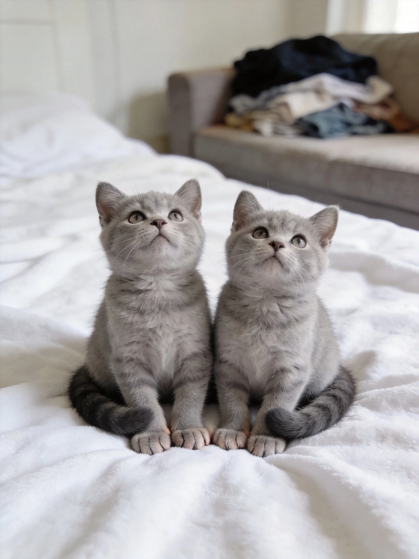 Two gray kittens sit side by side on a white bed near a couch