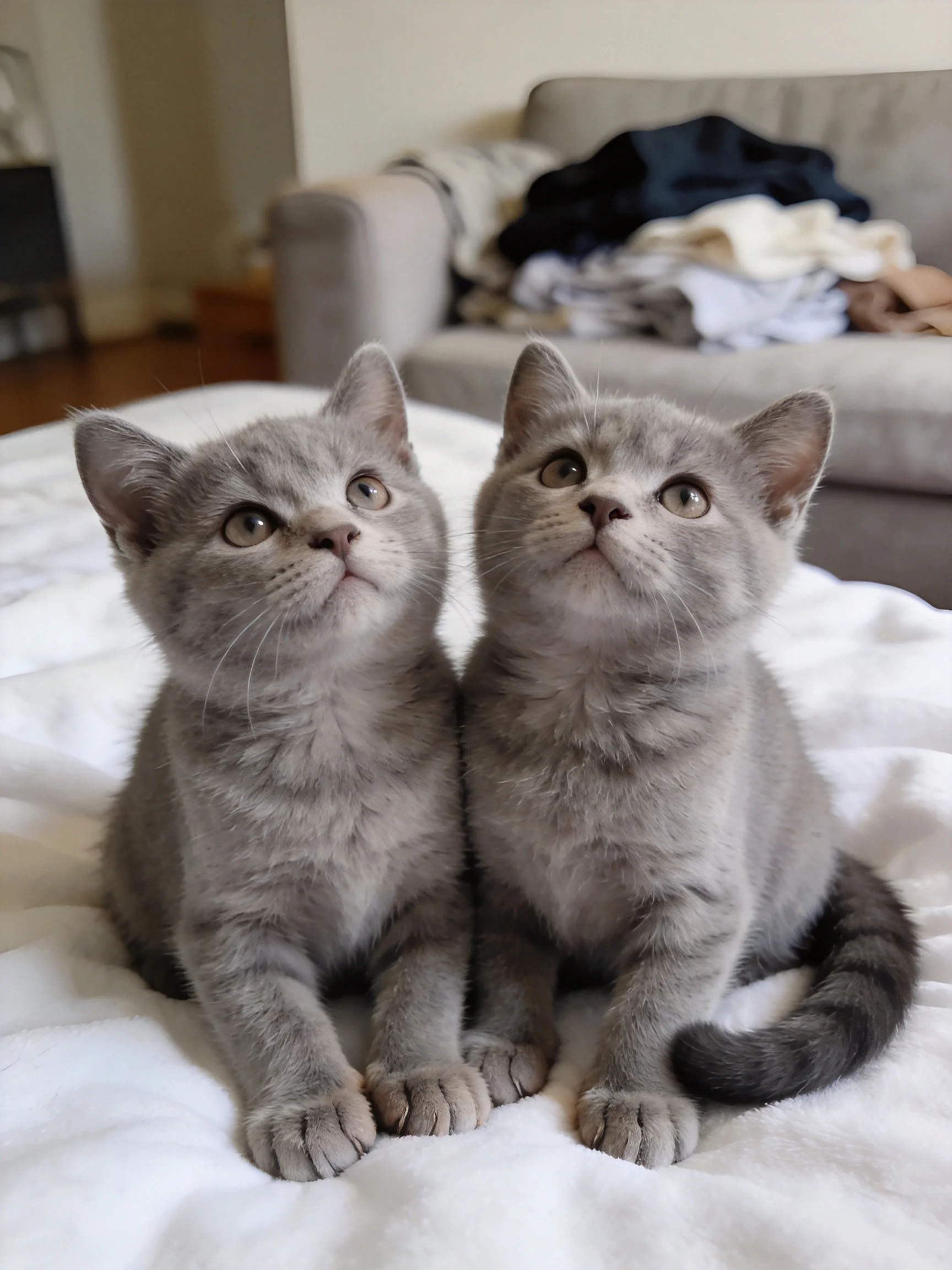 Two gray kittens sit side by side on a white bedspread