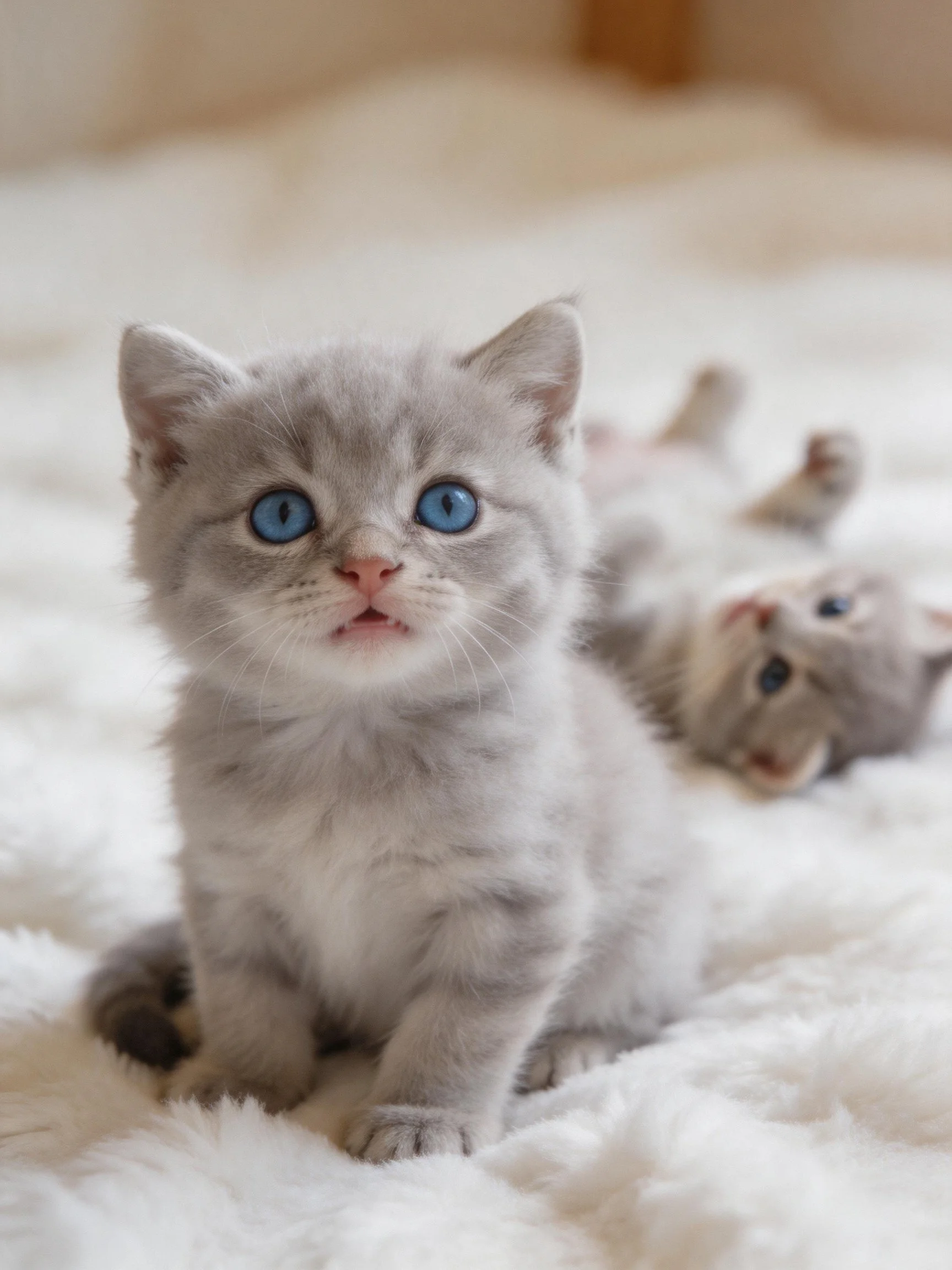 Two gray kittens with bright blue eyes sit on a plush white blanket