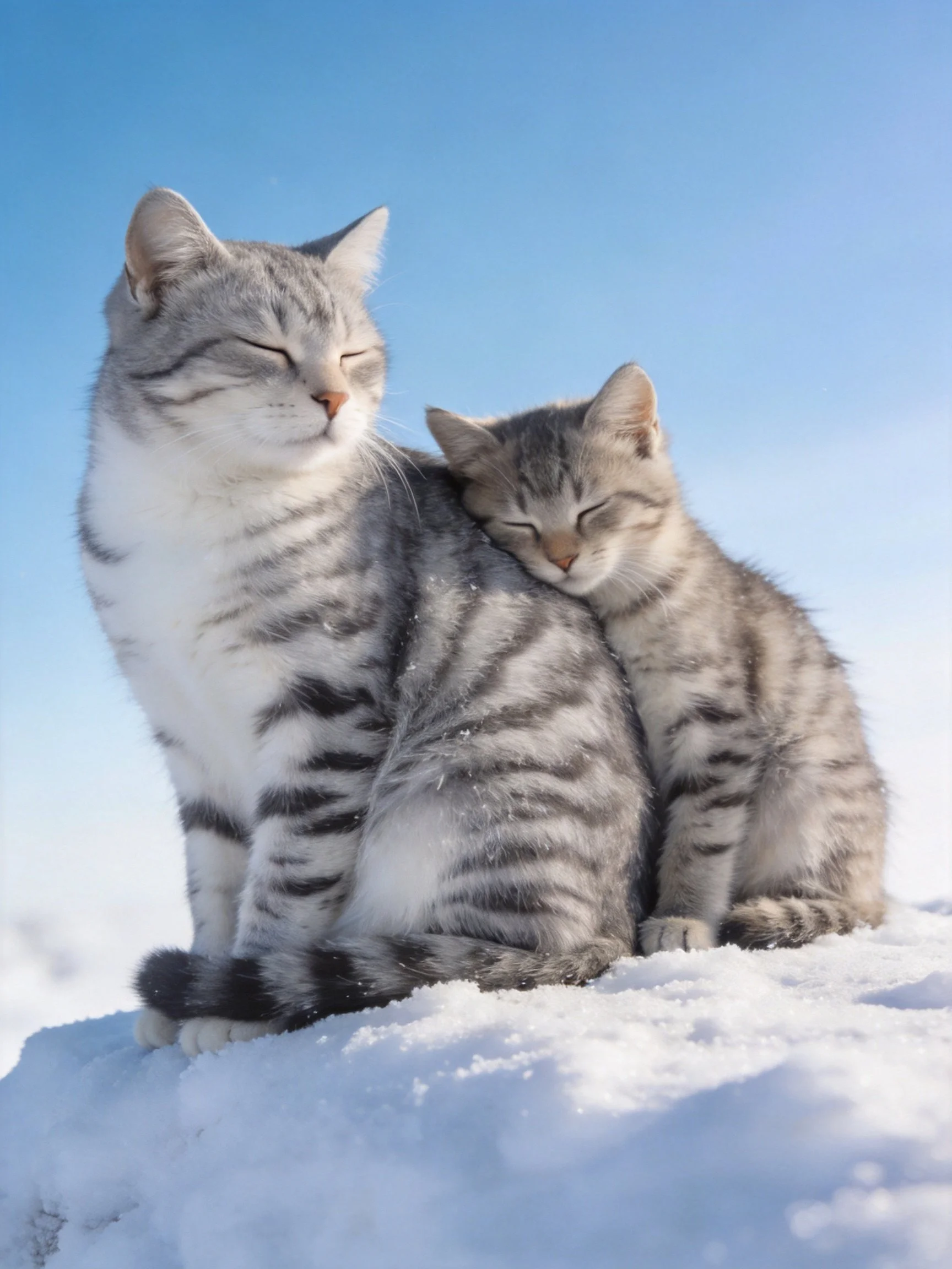 Two gray tabby cats cuddle on snowy ground beneath a clear blue sky