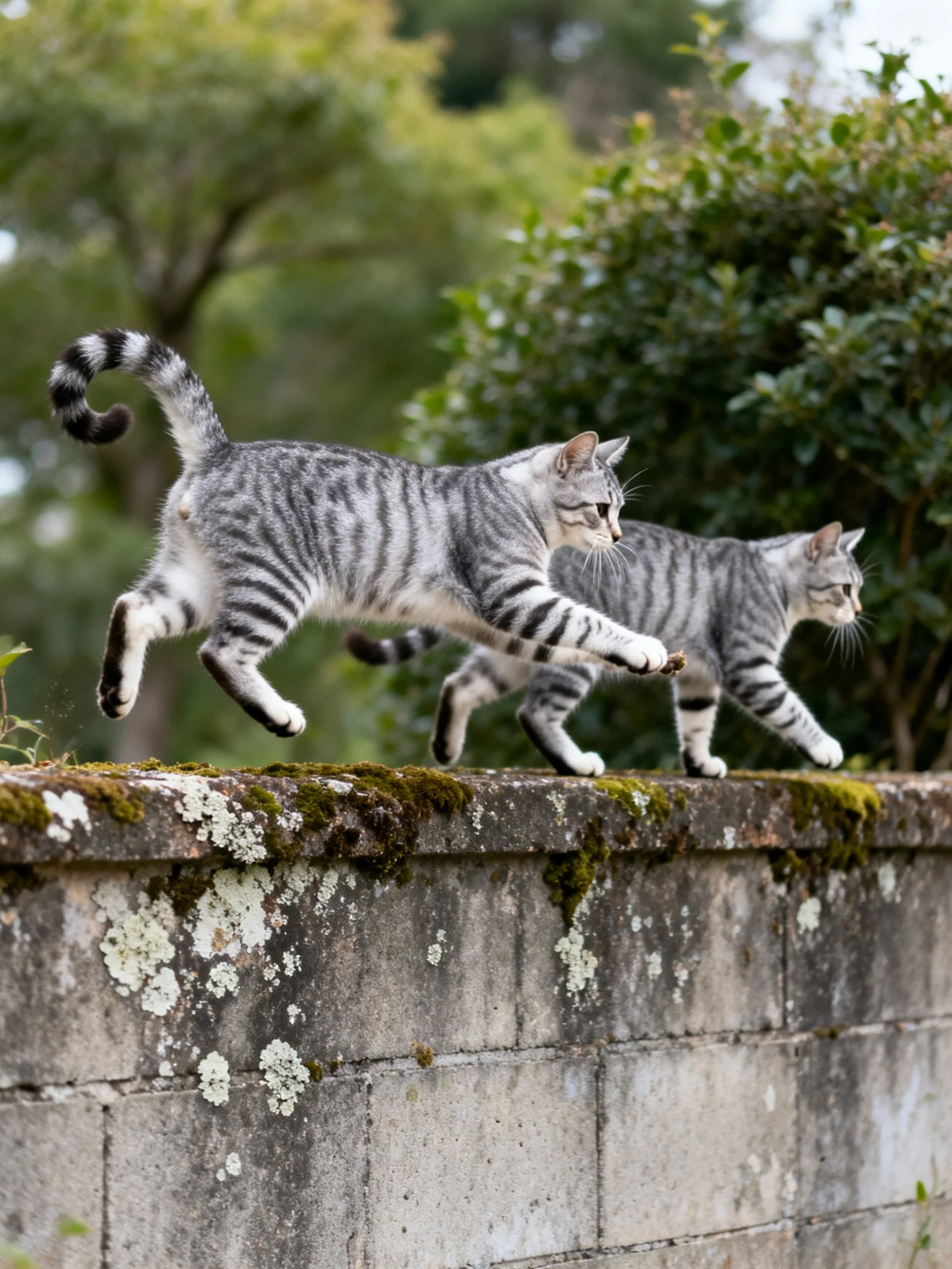 Two gray tabby cats leap along a moss-covered stone wall
