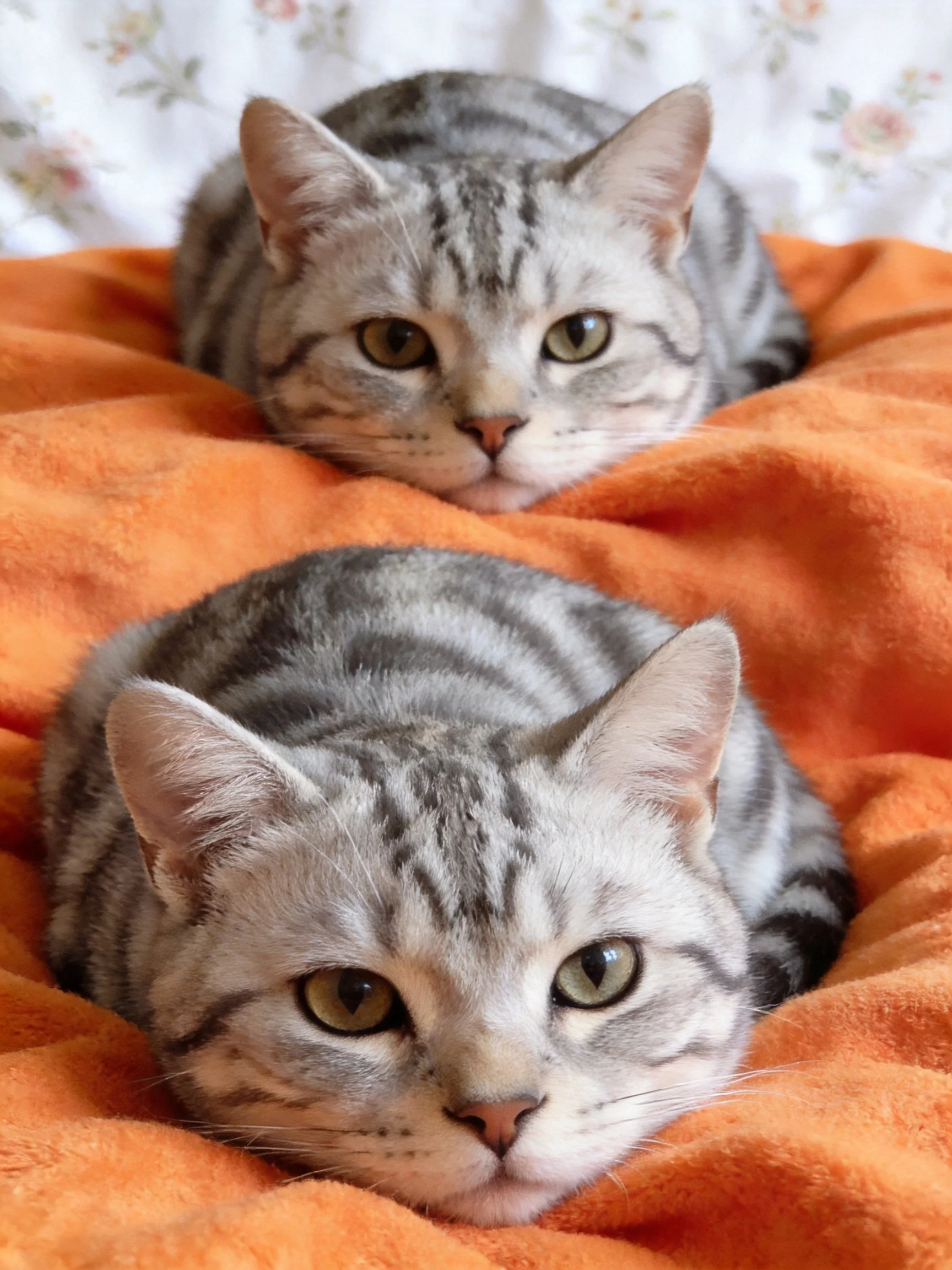 Two gray tabby cats rest on an orange blanket near floral fabric