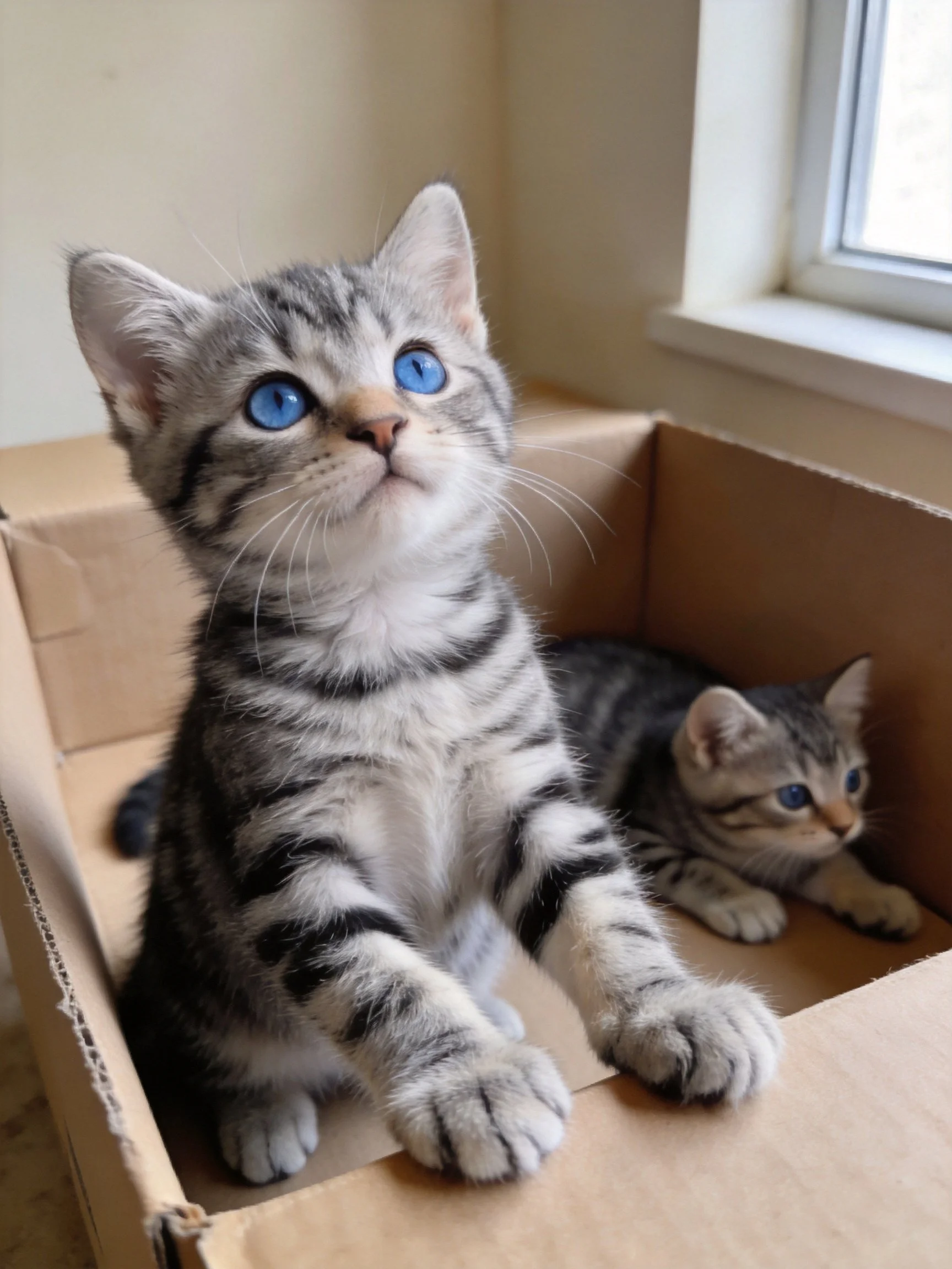 Two gray tabby kittens in an open cardboard box by a window