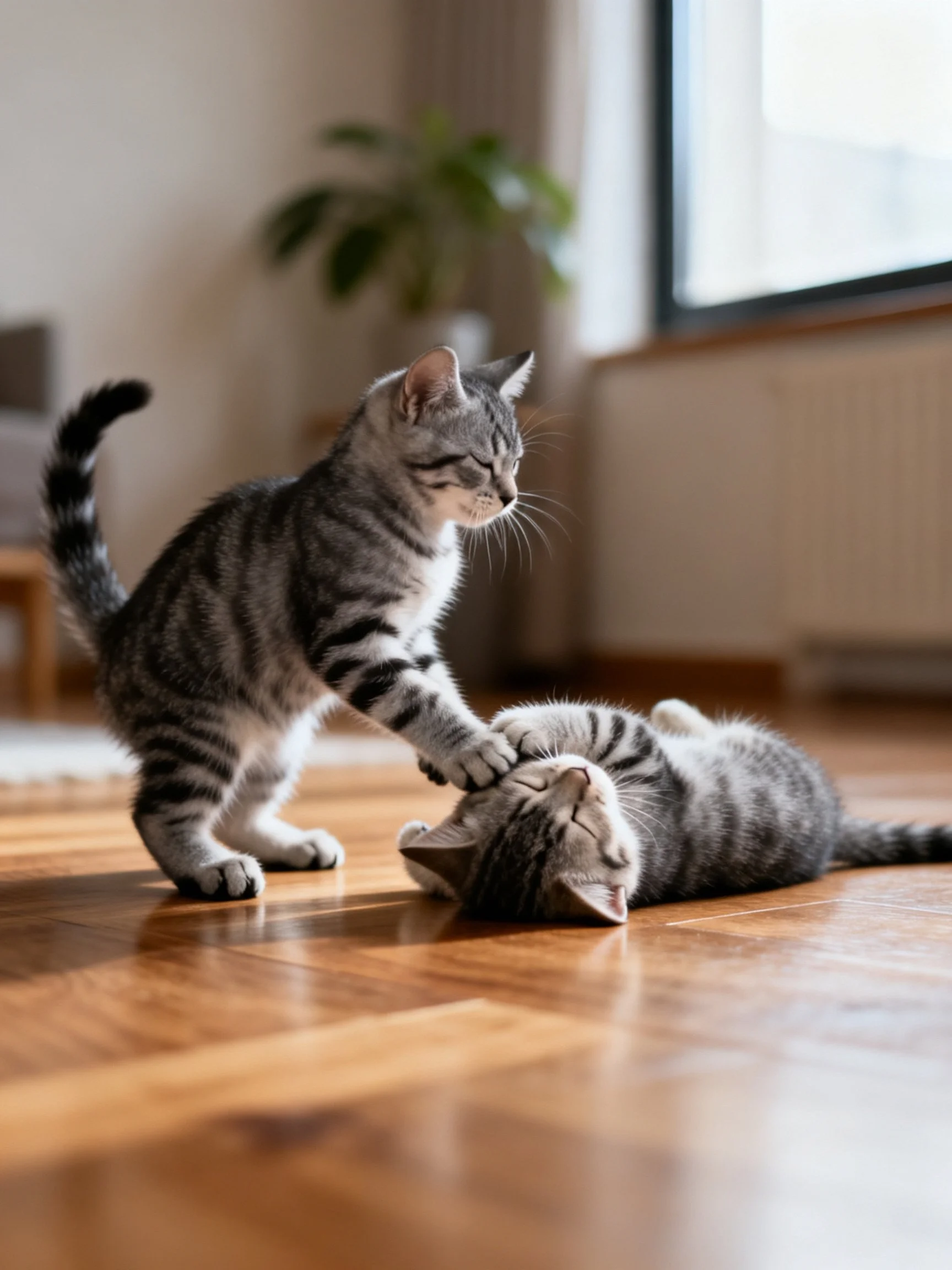 Two gray tabby kittens play on a polished wooden floor