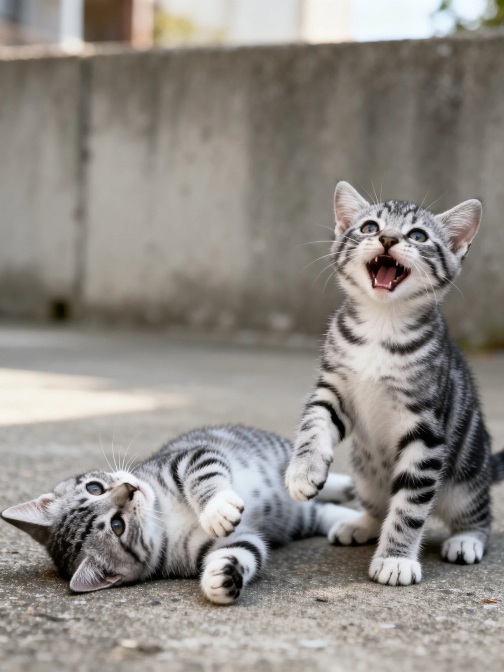 Two gray tabby kittens playing on a concrete surface