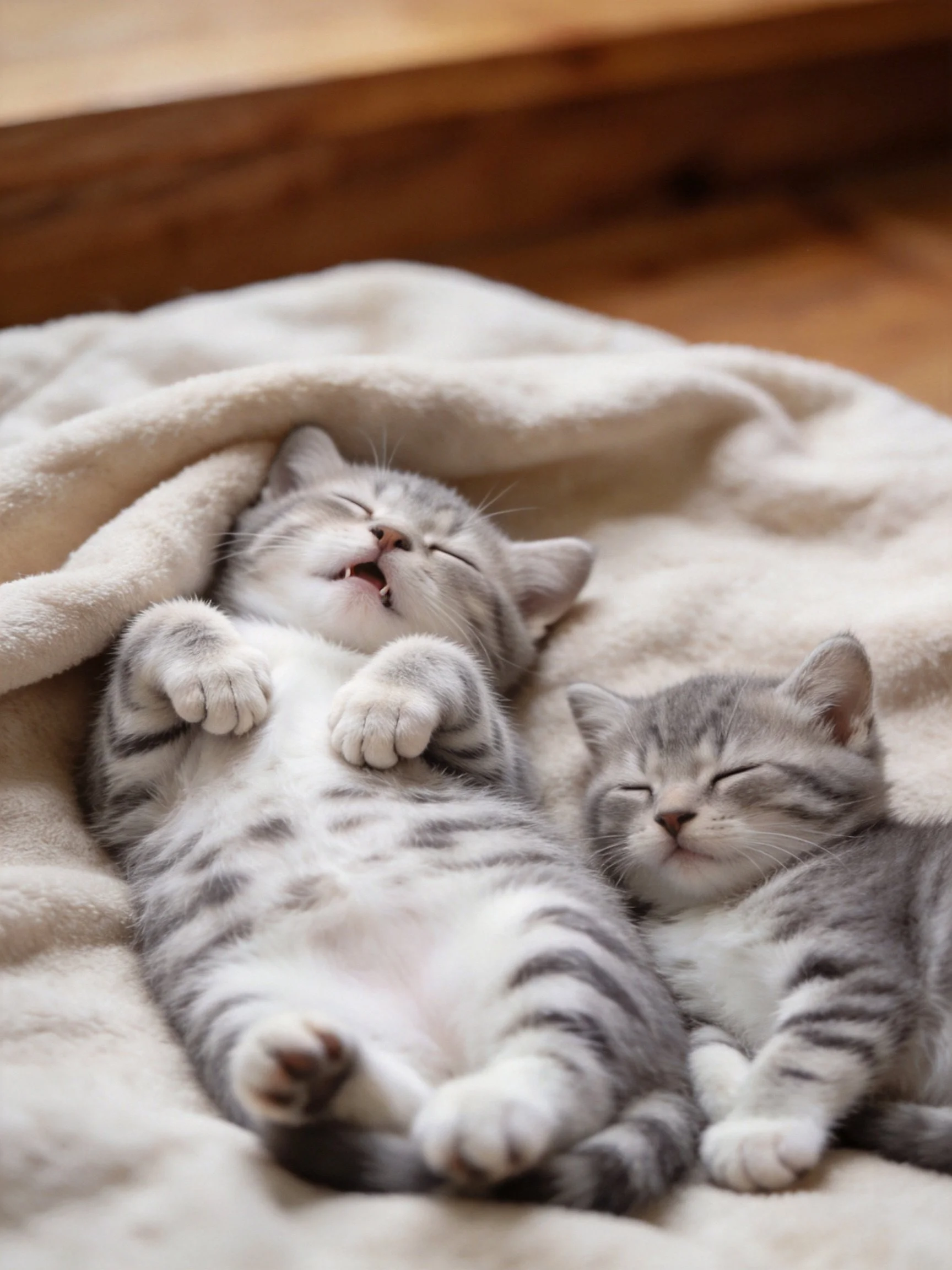 Two gray tabby kittens relax on a plush white blanket