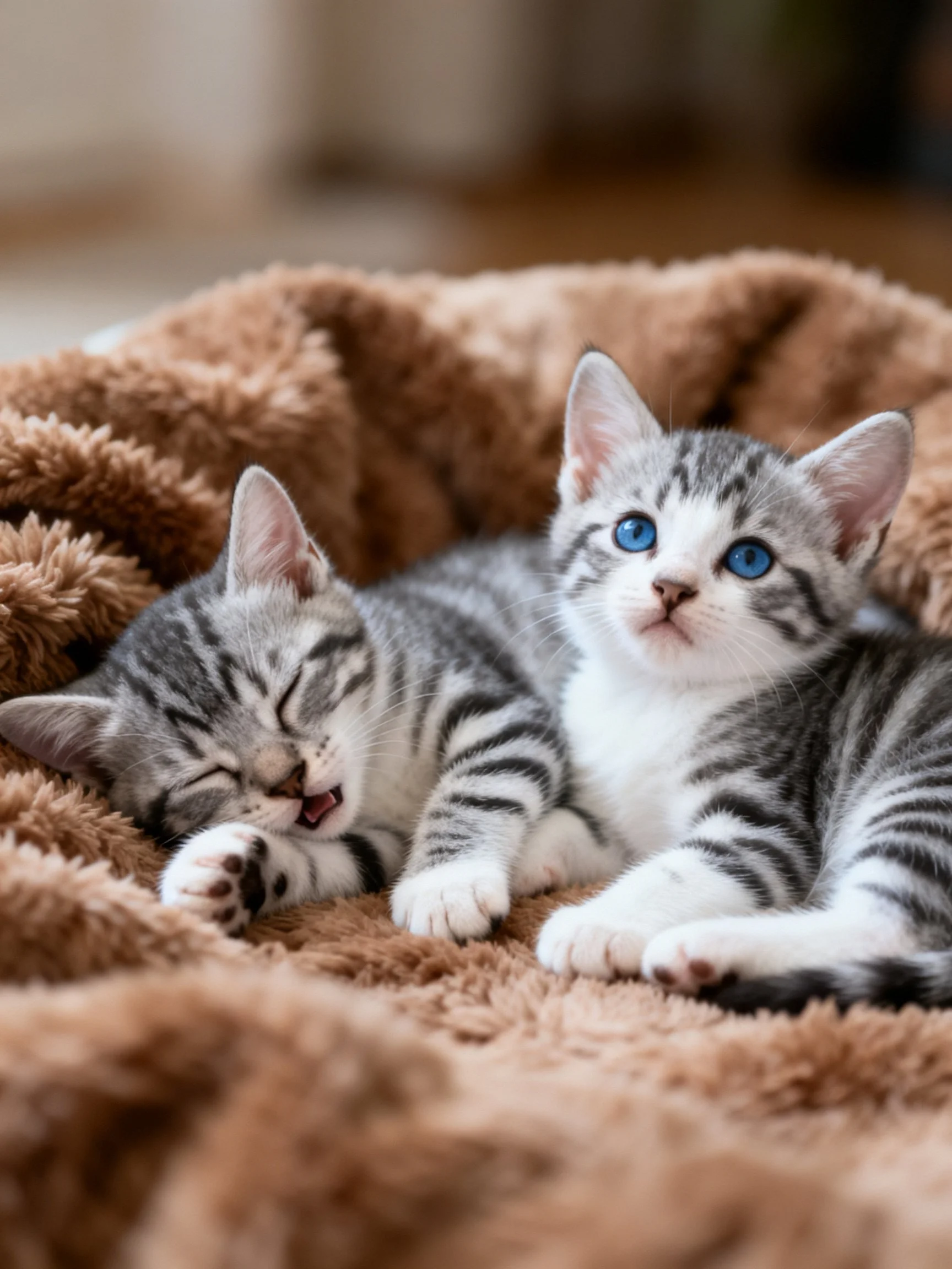 Two gray tabby kittens rest on a plush brown blanket