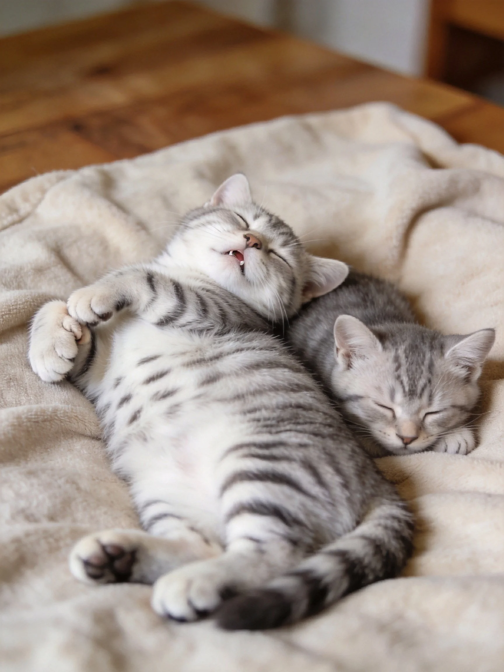 Two gray tabby kittens resting on a plush beige blanket