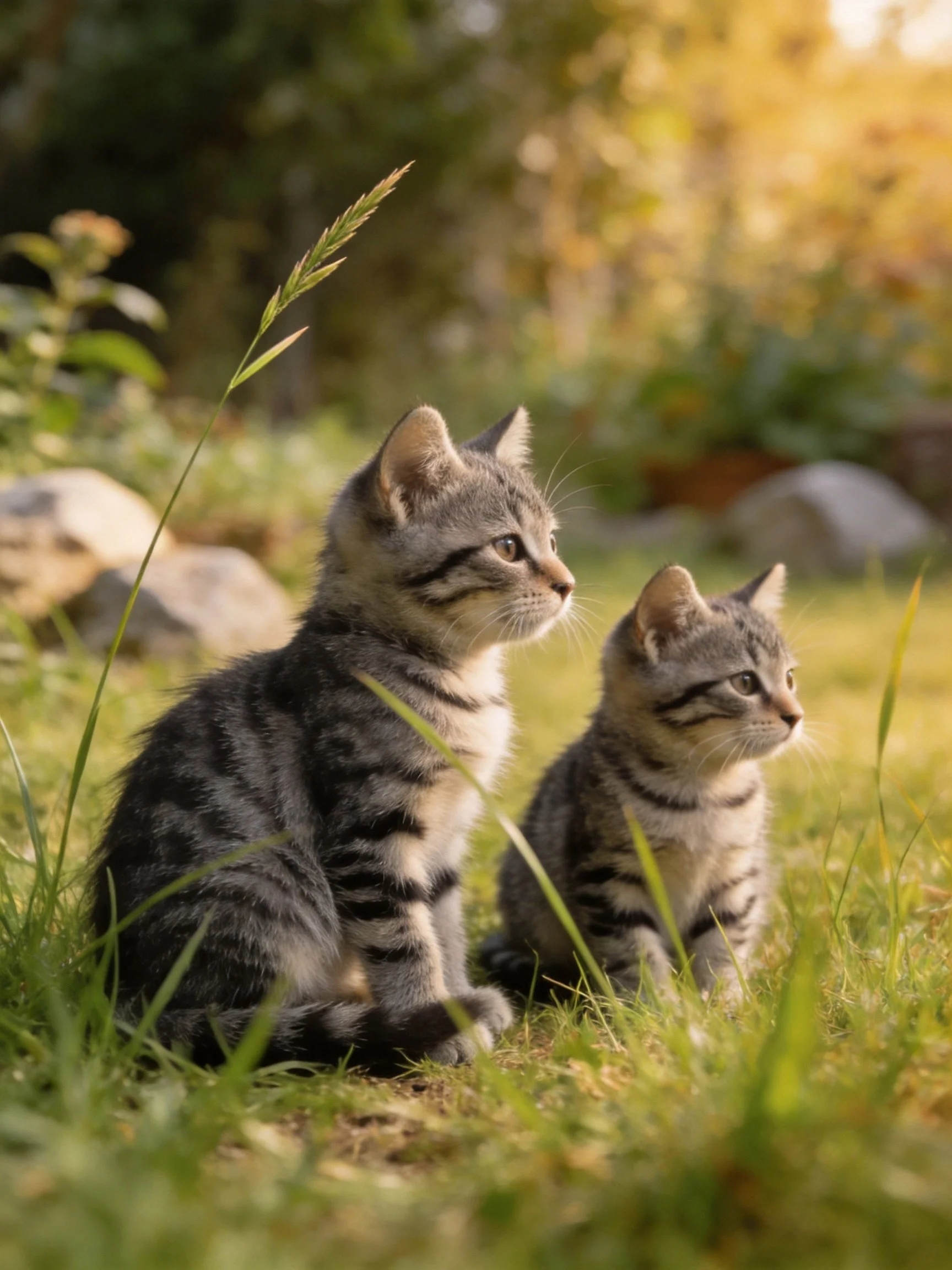 Two gray tabby kittens sit on sunlit grass near rocks