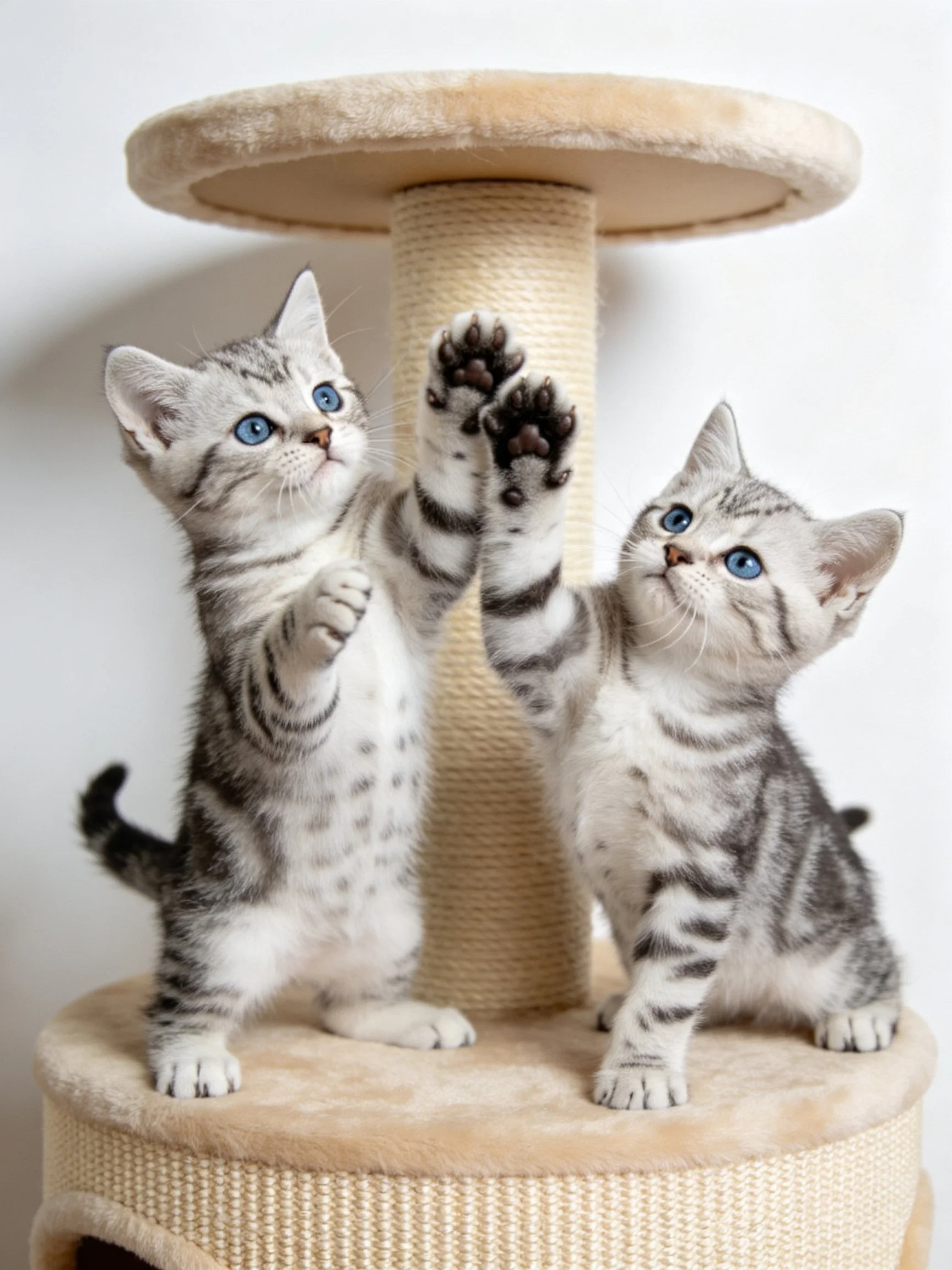 Two gray tabby kittens with blue eyes play on a beige cat tree