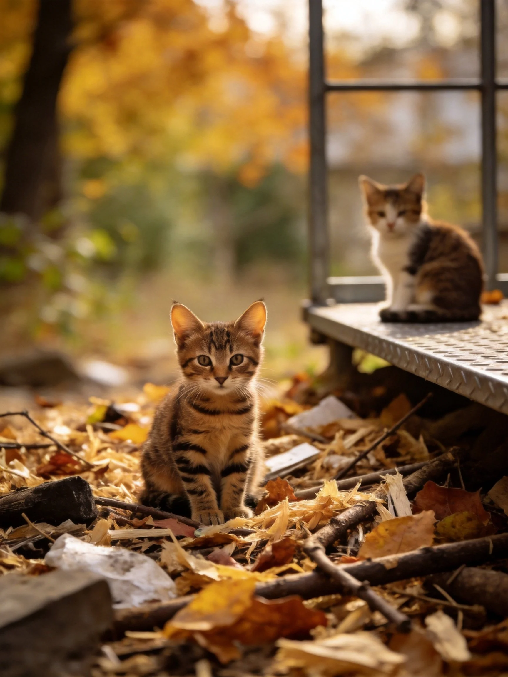 Two kittens amidst autumn leaves near metal platform