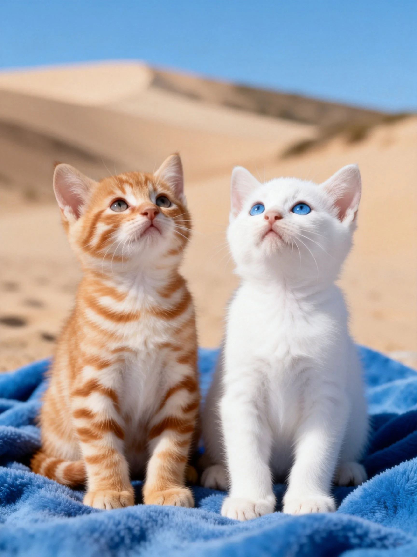 Two kittens, an orange tabby and white, sit on a blue blanket in a sandy landscape.