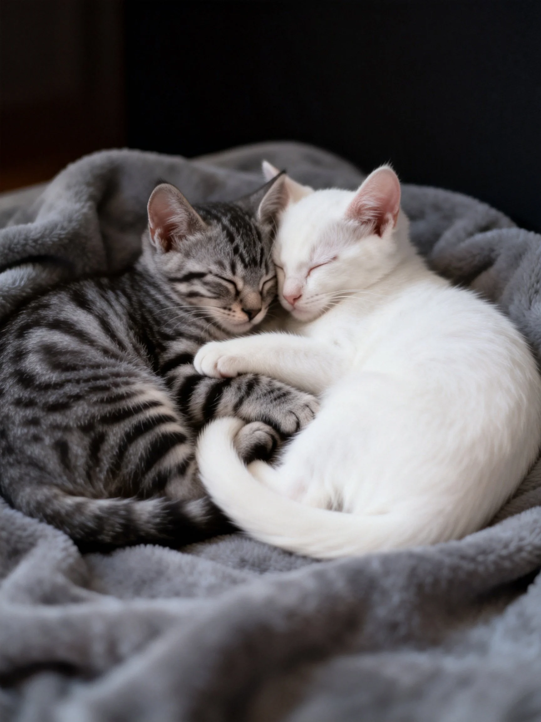 Two kittens cuddle together on a soft gray blanket