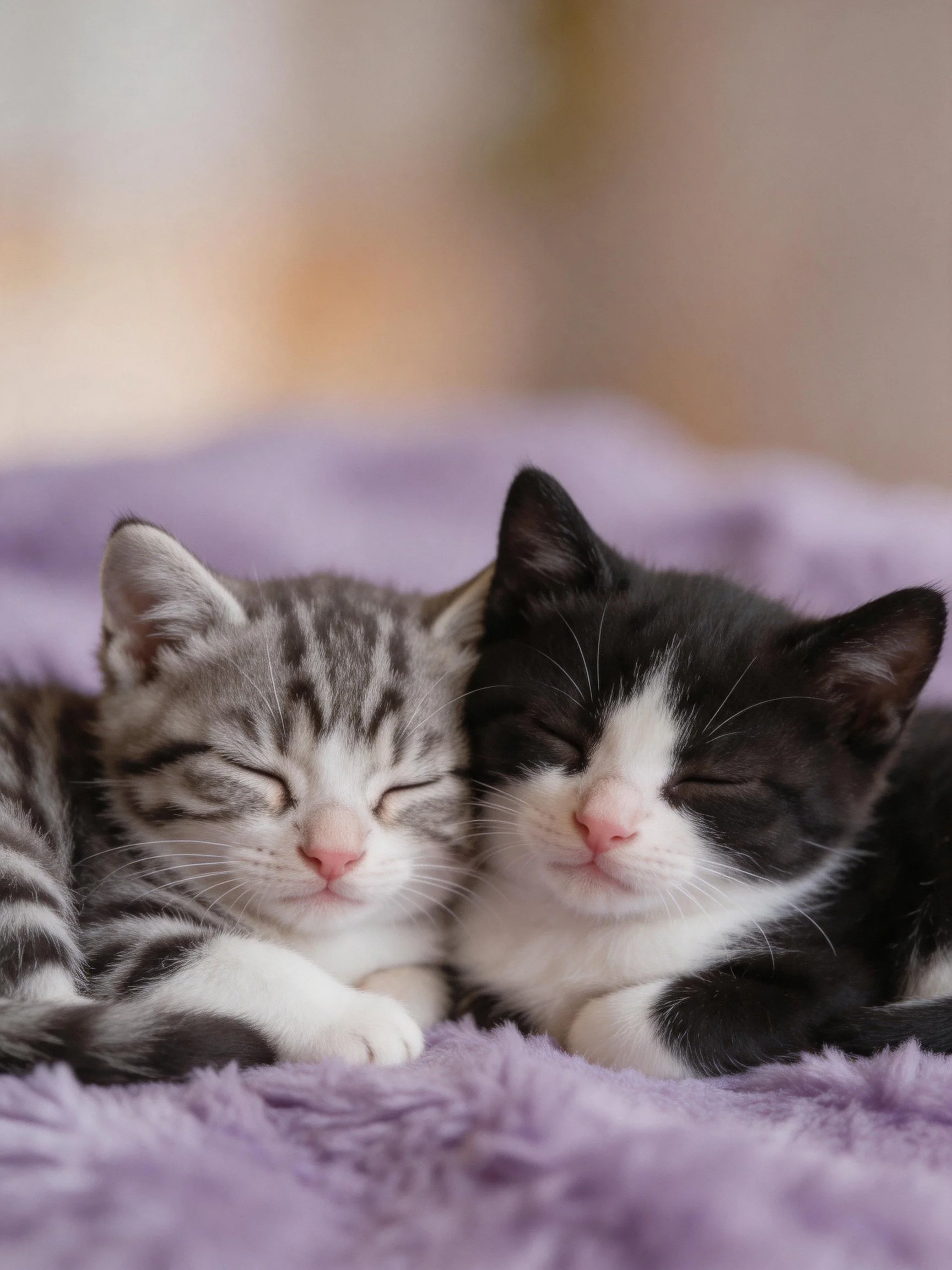 Two kittens napping together on a soft purple blanket