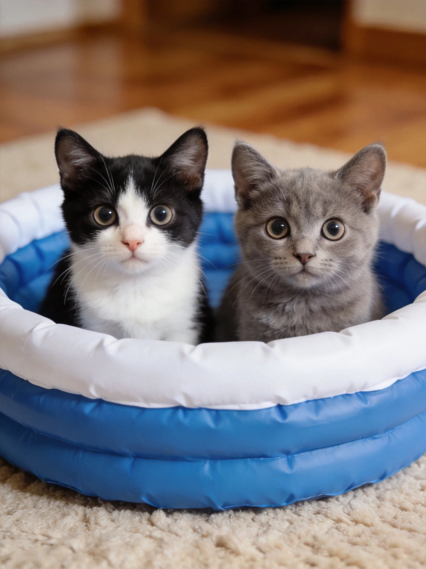 Two kittens, one black - white, one gray, sit in a blue and white inflatable bed