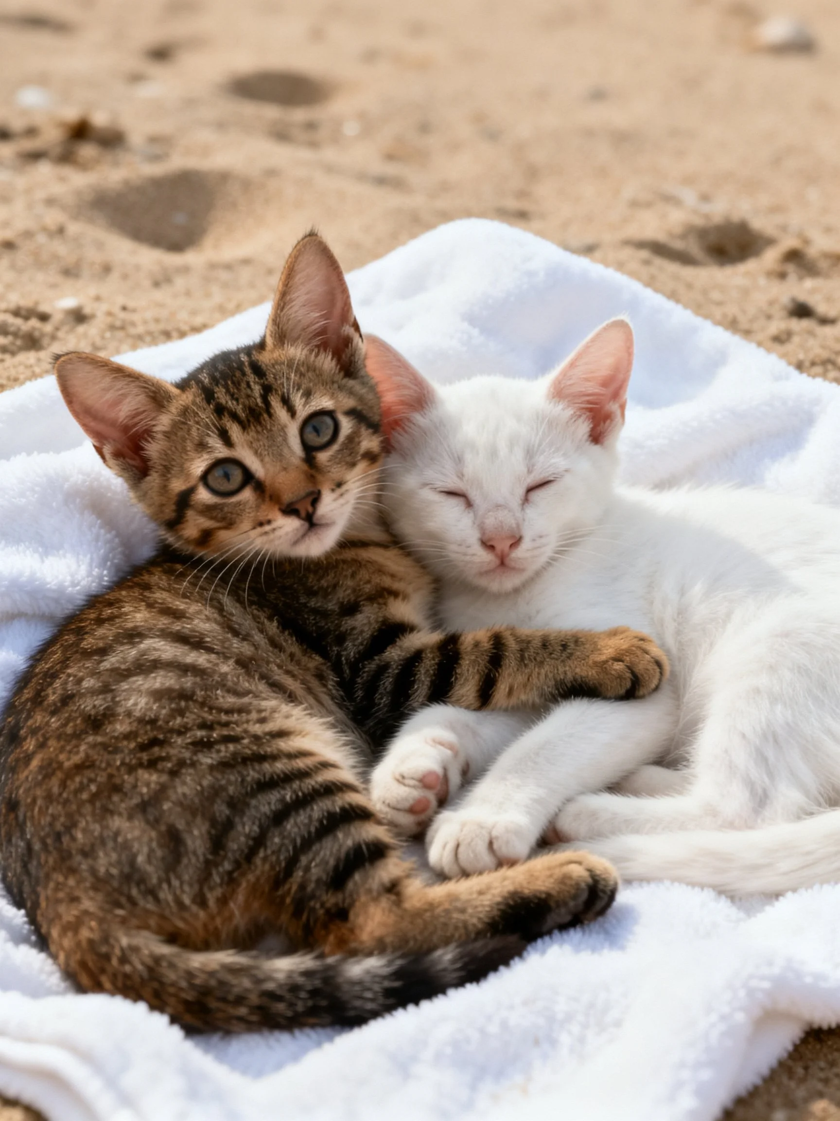 Two kittens, one brown tabby and one white, cuddle on a towel at the beach.