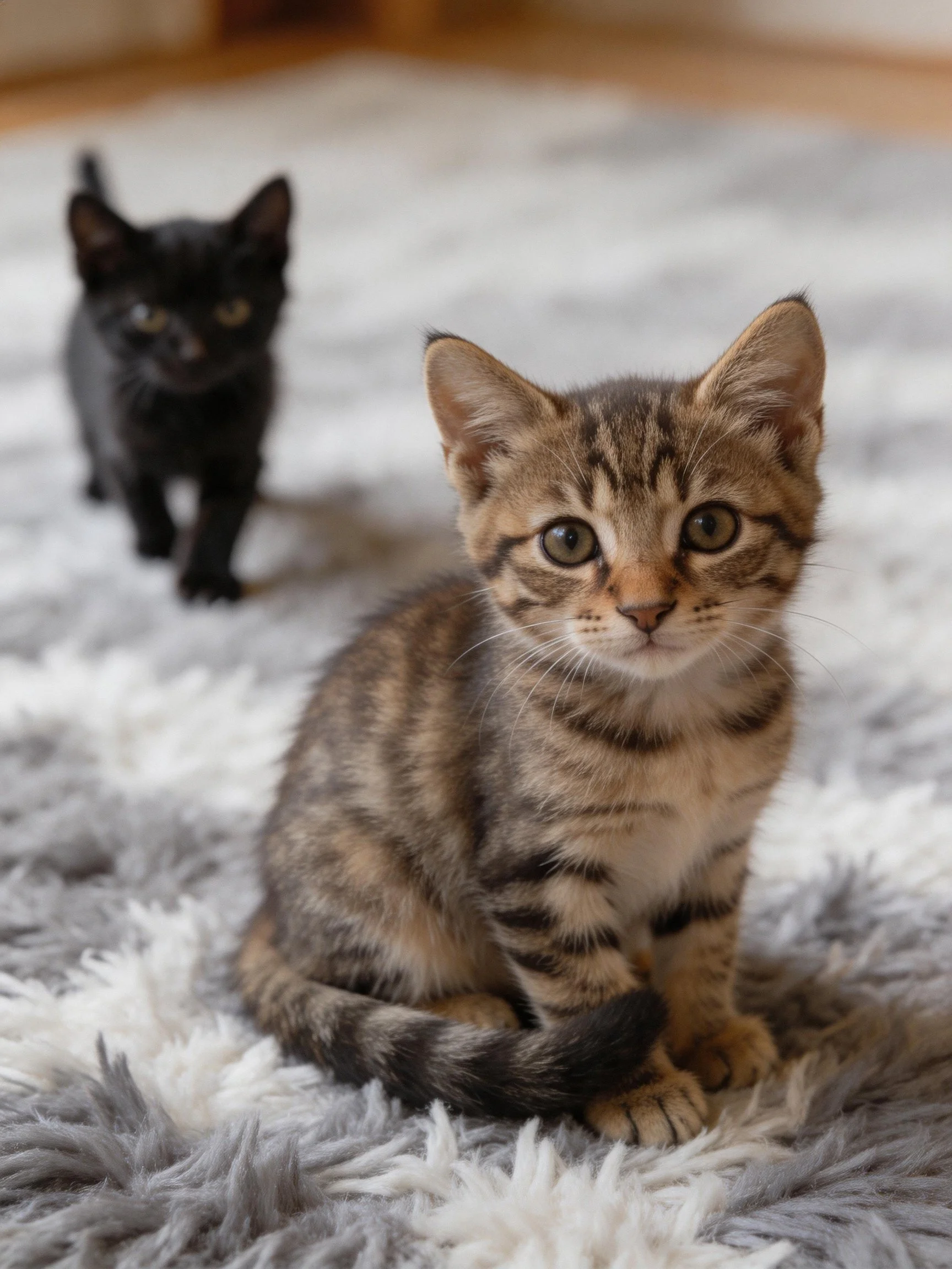 Two kittens—one brown tabby, one black—on a fluffy gray rug
