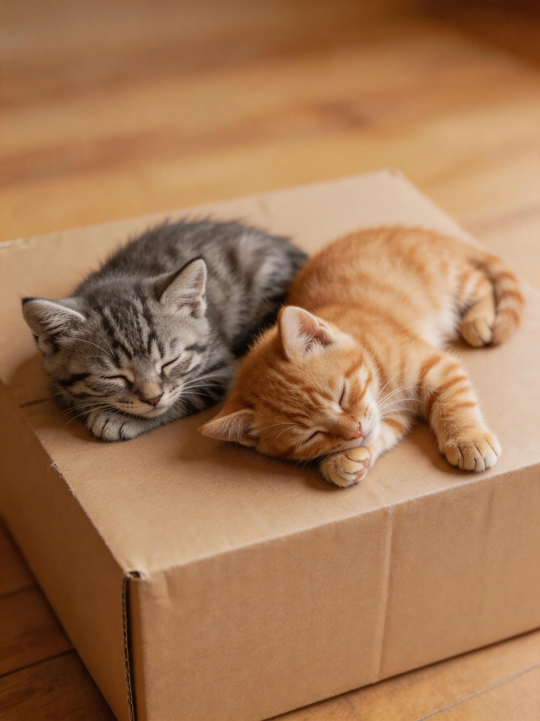 Two kittens, one gray and one orange, rest on a brown cardboard box.