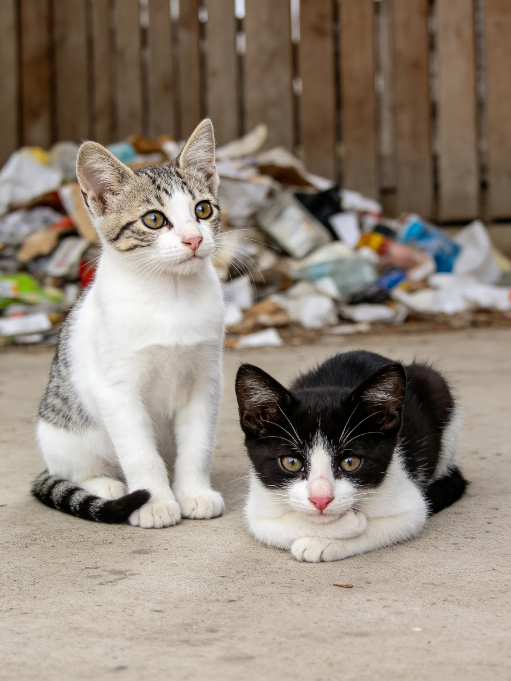 Two kittens, one gray - white, one black - white, sit near a garbage pile and wooden fence