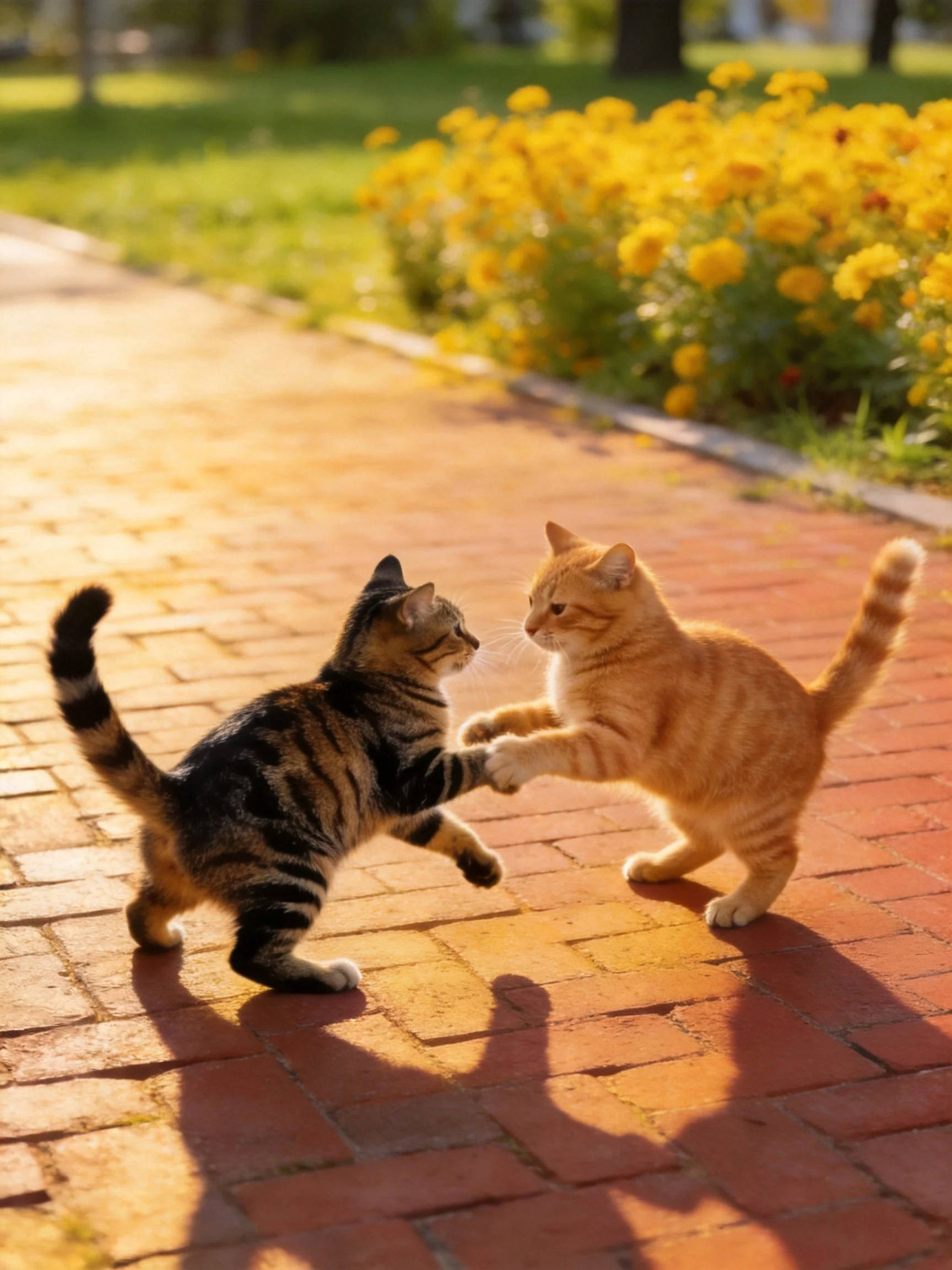 Two kittens—one tabby, one orange—play on a brick pathway near yellow flowers