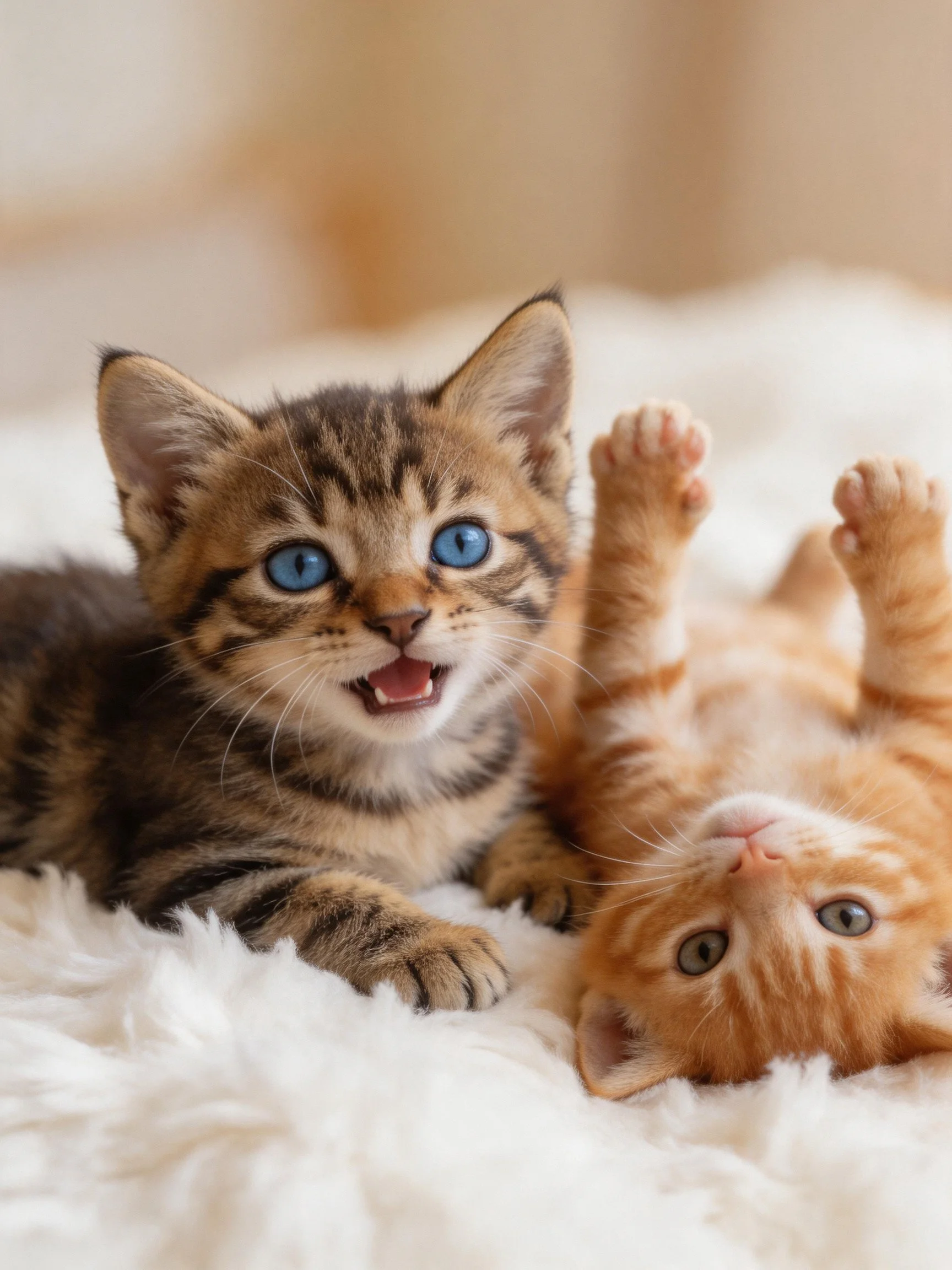 Two kittens, one tabby with blue eyes, one orange, on a soft white blanket