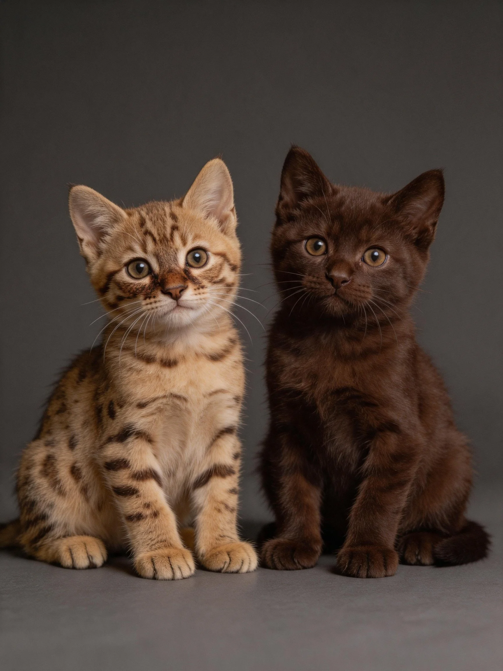 Two kittens, one tan-spotted, one solid brown, sit side by side on a gray surface