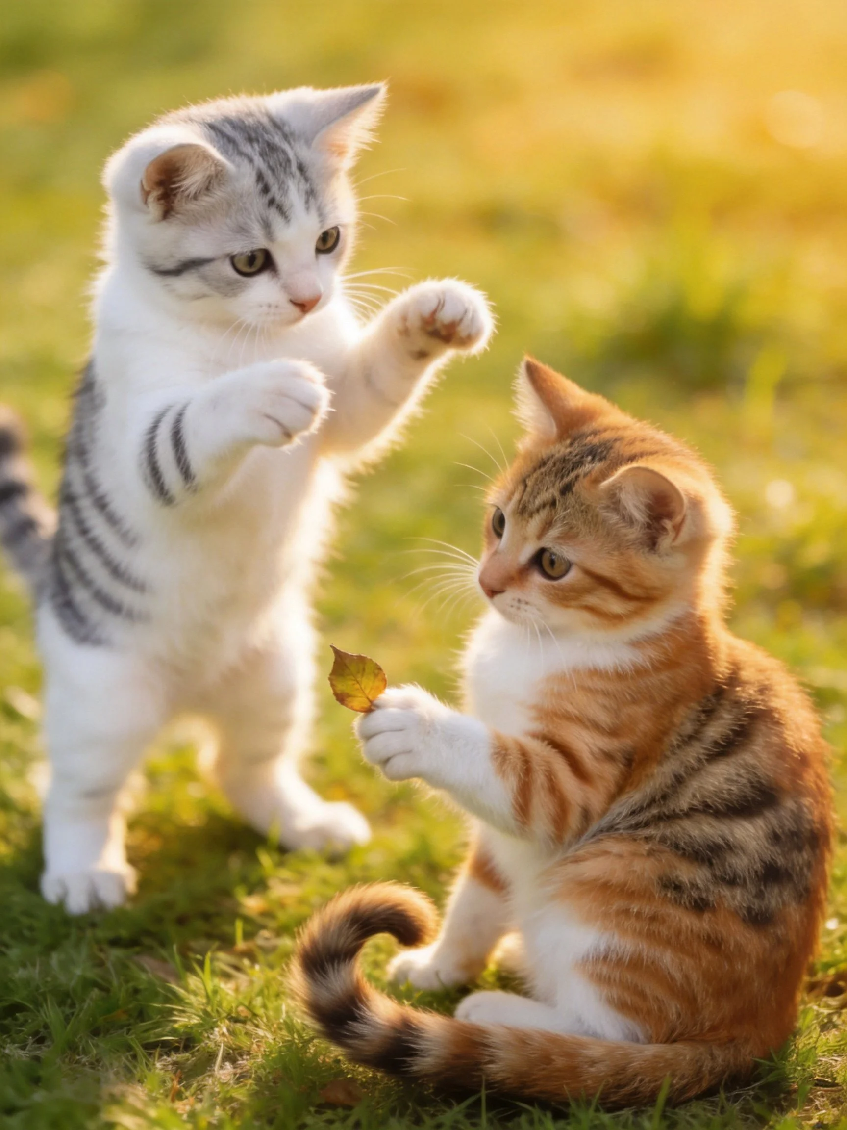Two kittens, one white-gray striped, one orange-brown striped, play on green grass