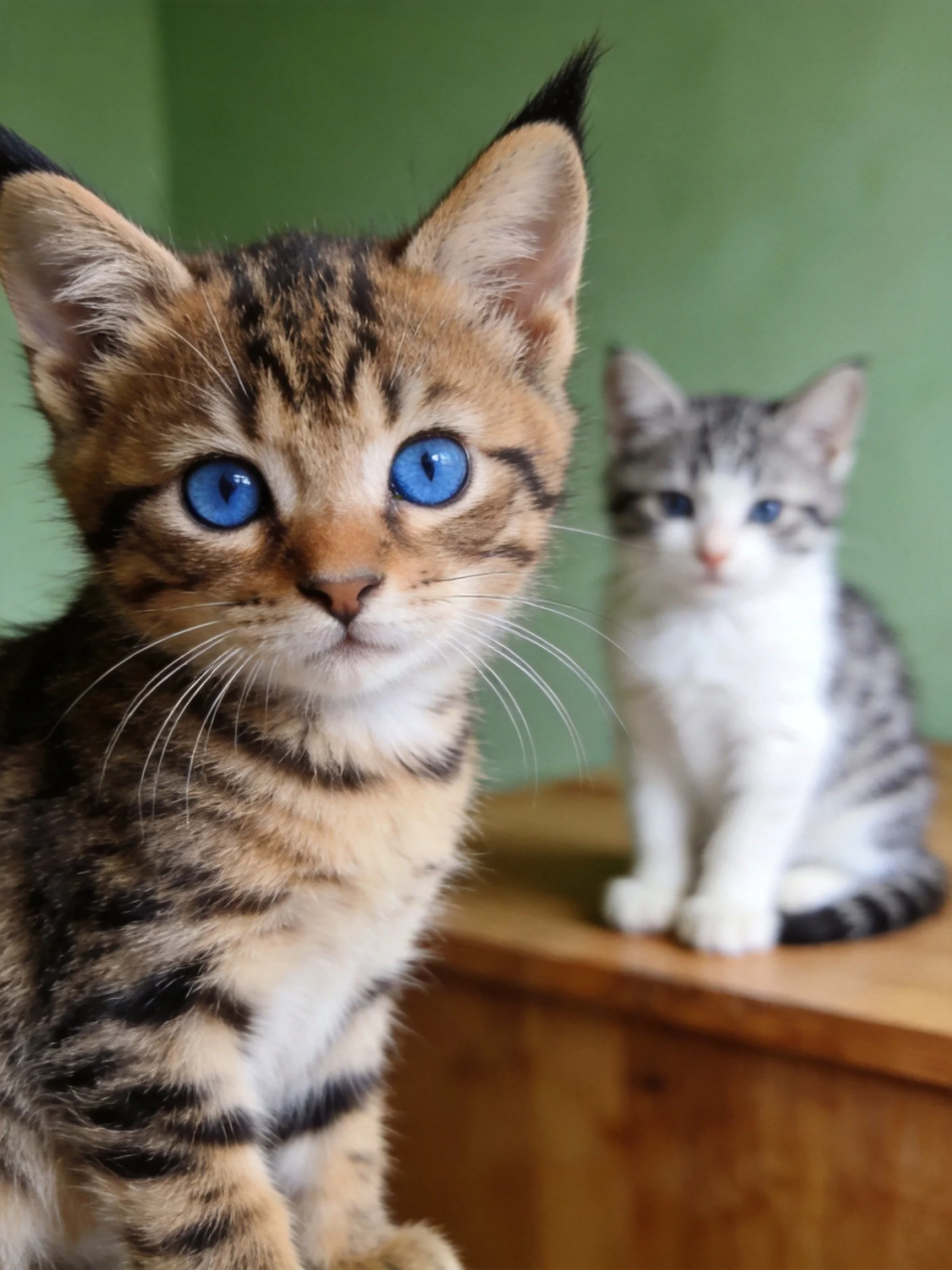Two kittens, one with blue eyes, one gray and white, on a wooden surface