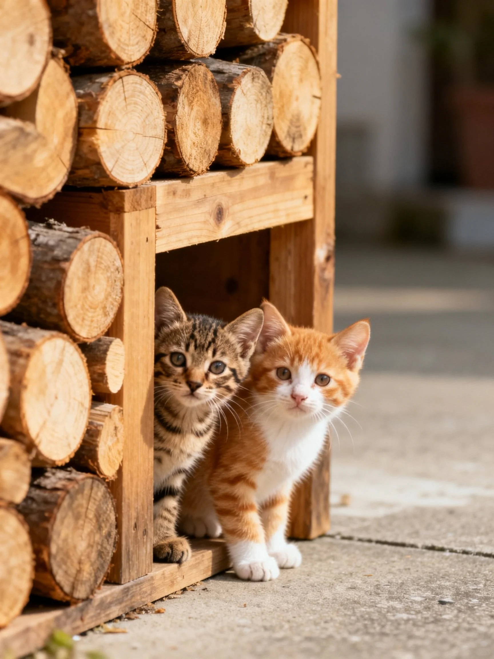 Two kittens peek from stacked firewood near a concrete surface