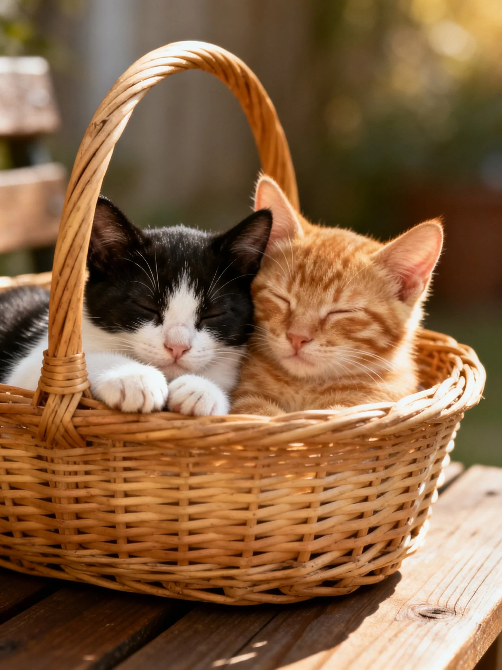 Two kittens rest in a wicker basket—one black and white, one orange