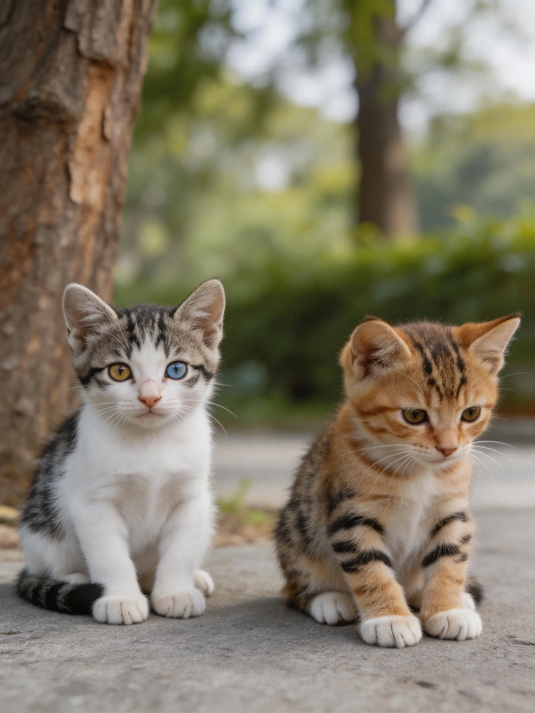 Two kittens sit near a tree trunk outdoors
