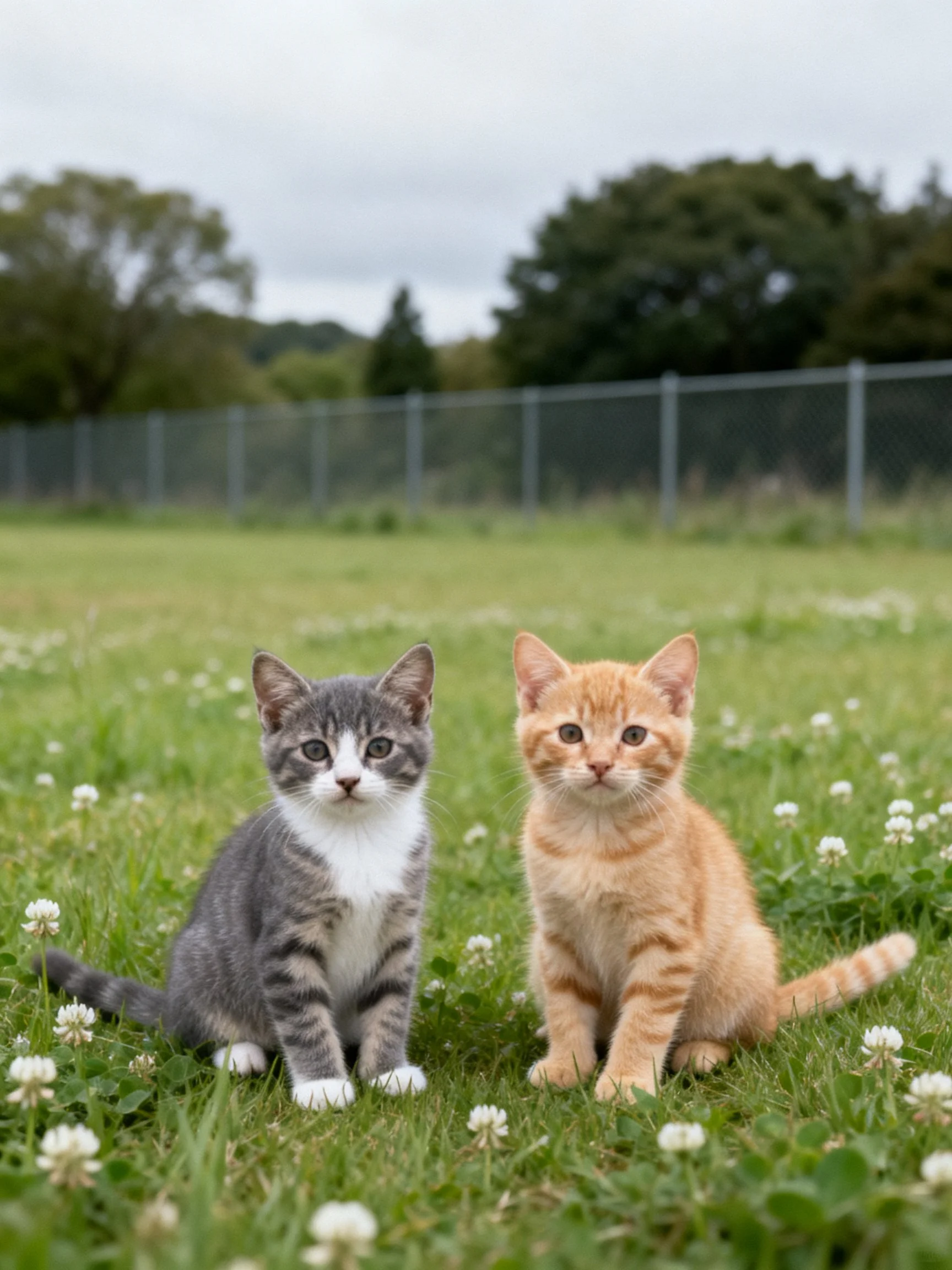 Two kittens sit on a flowered grassy field near a fence