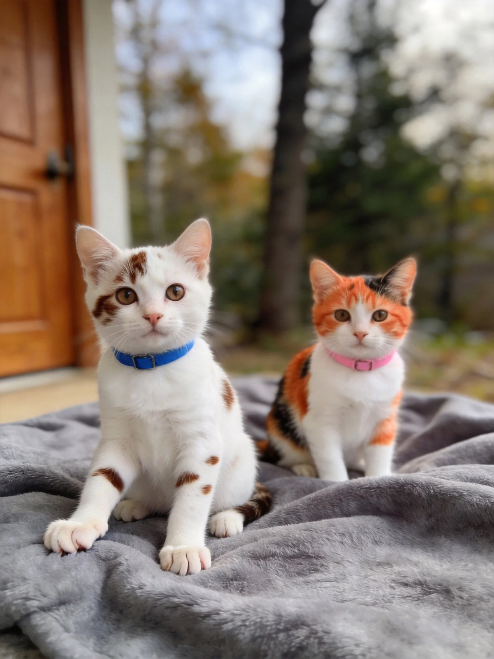 Two kittens with blue and pink collars sit on a gray blanket near a wooden door