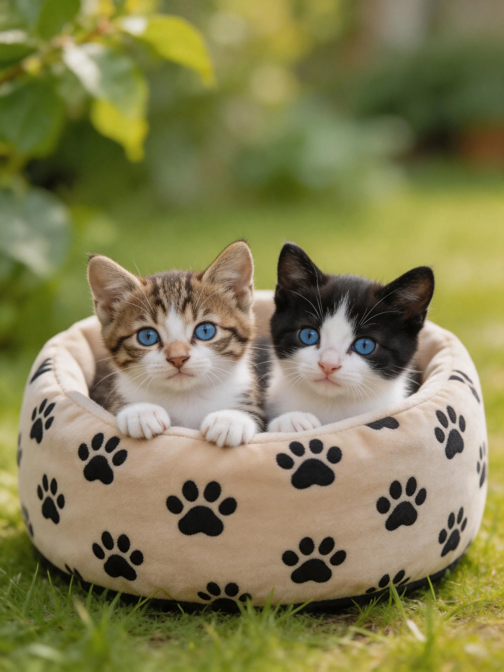 Two kittens with blue eyes relax in a paw-print pet bed outside