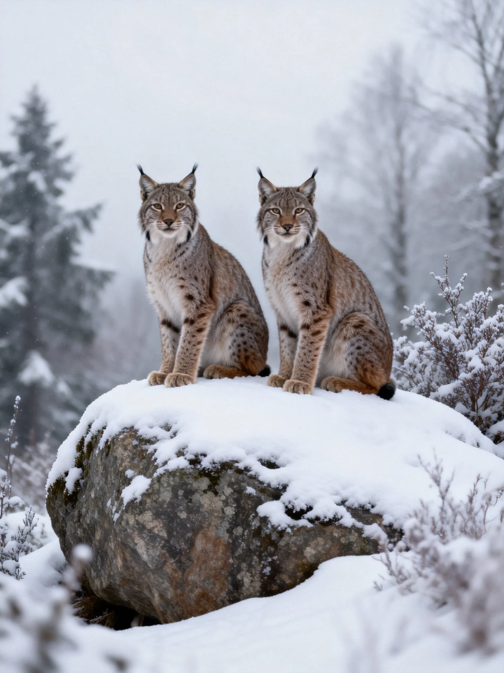Two lynxes sit on a snow-covered rock in a wintry forest