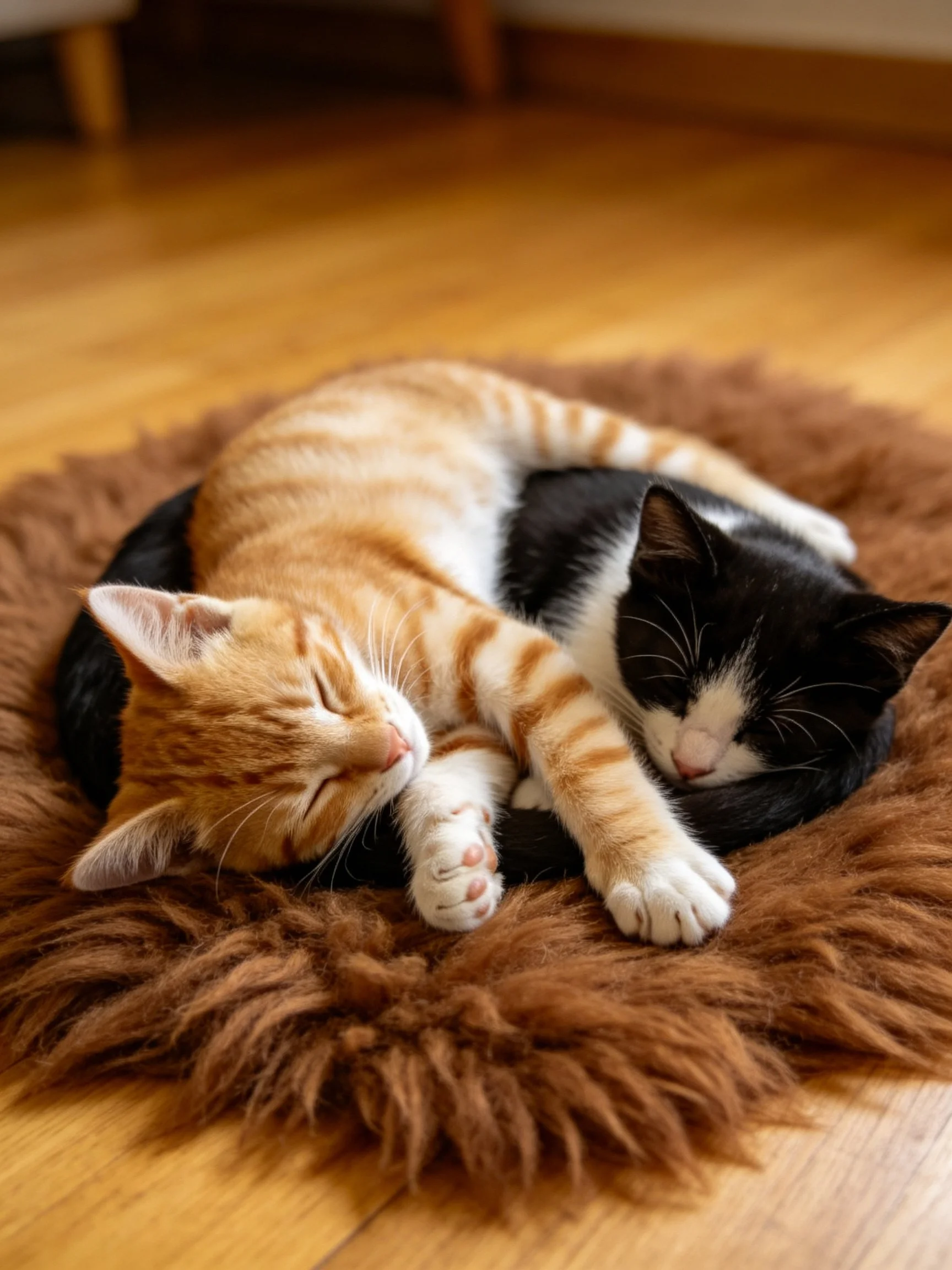 Two orange and black cats napping on a brown furry bed over wood flooring