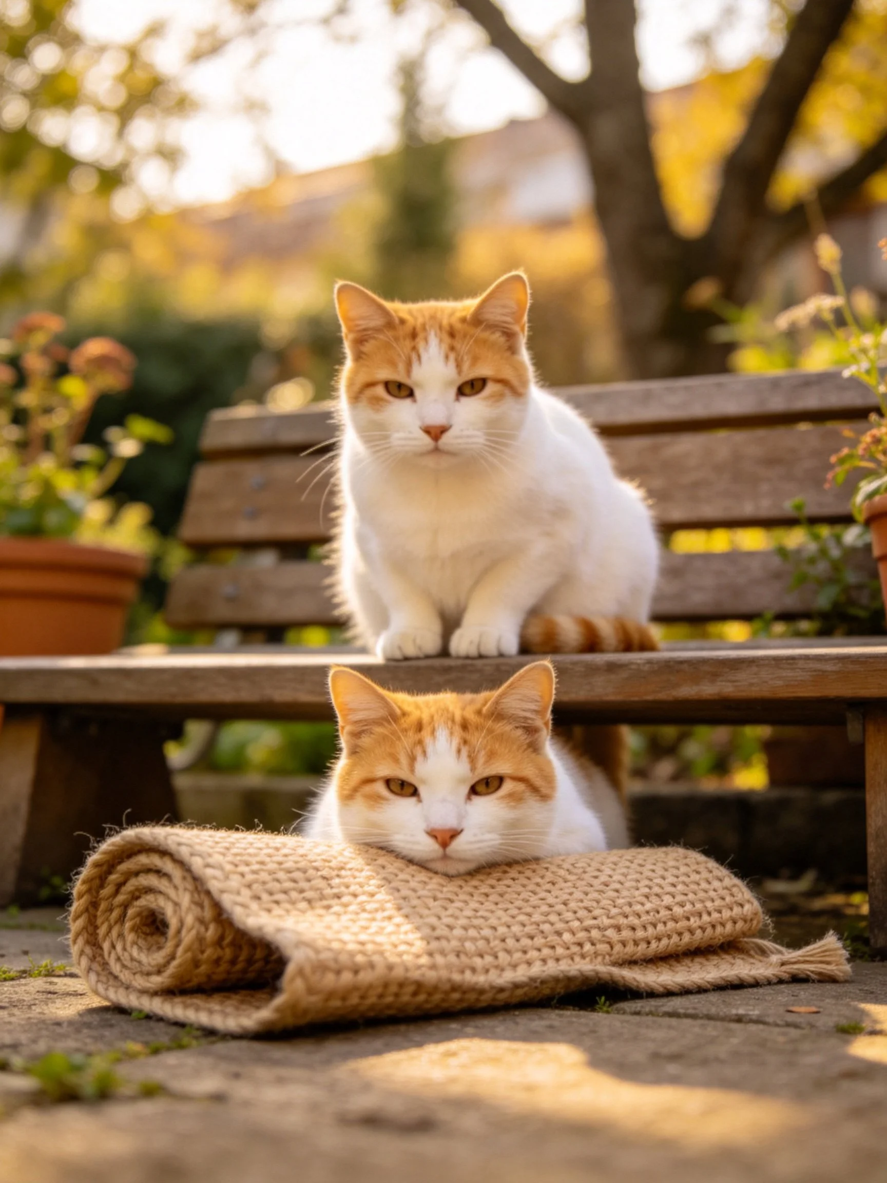 Two orange and white cats are near a wooden bench with a knitted mat in an outdoor garden.