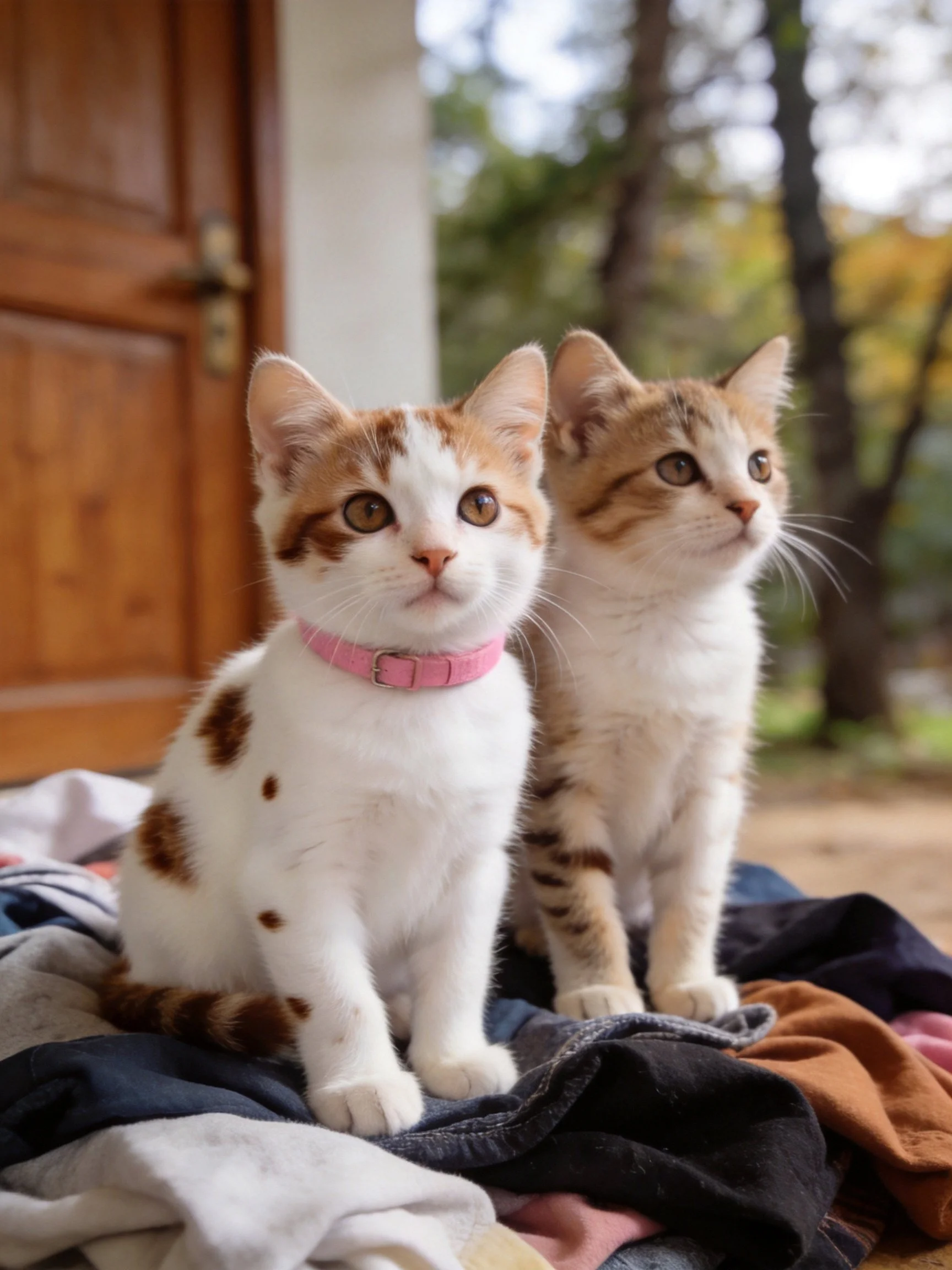 Two orange and white kittens sit on mixed clothes near a wooden door