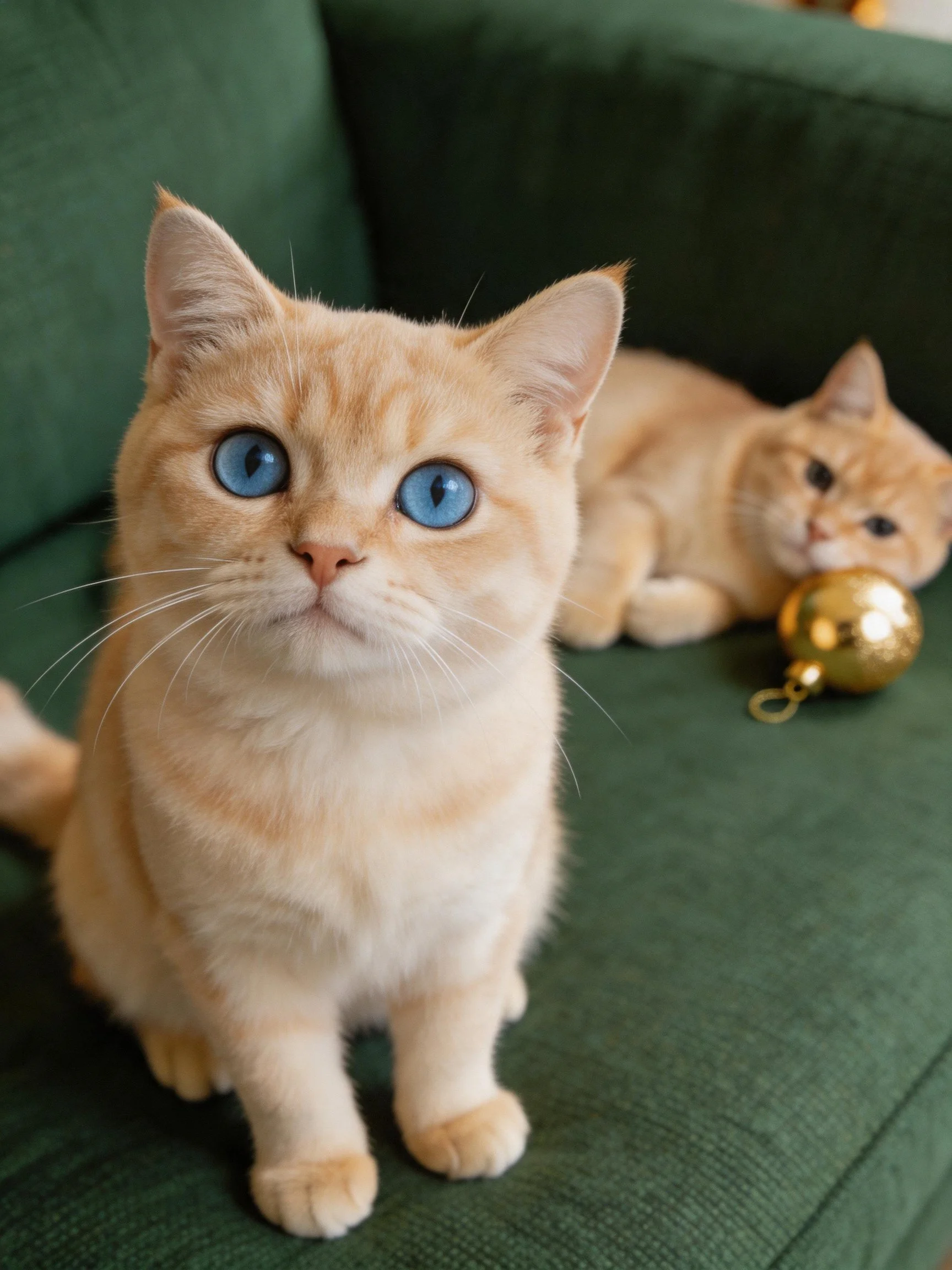 Two orange cats rest on a dark green couch near a golden ornament