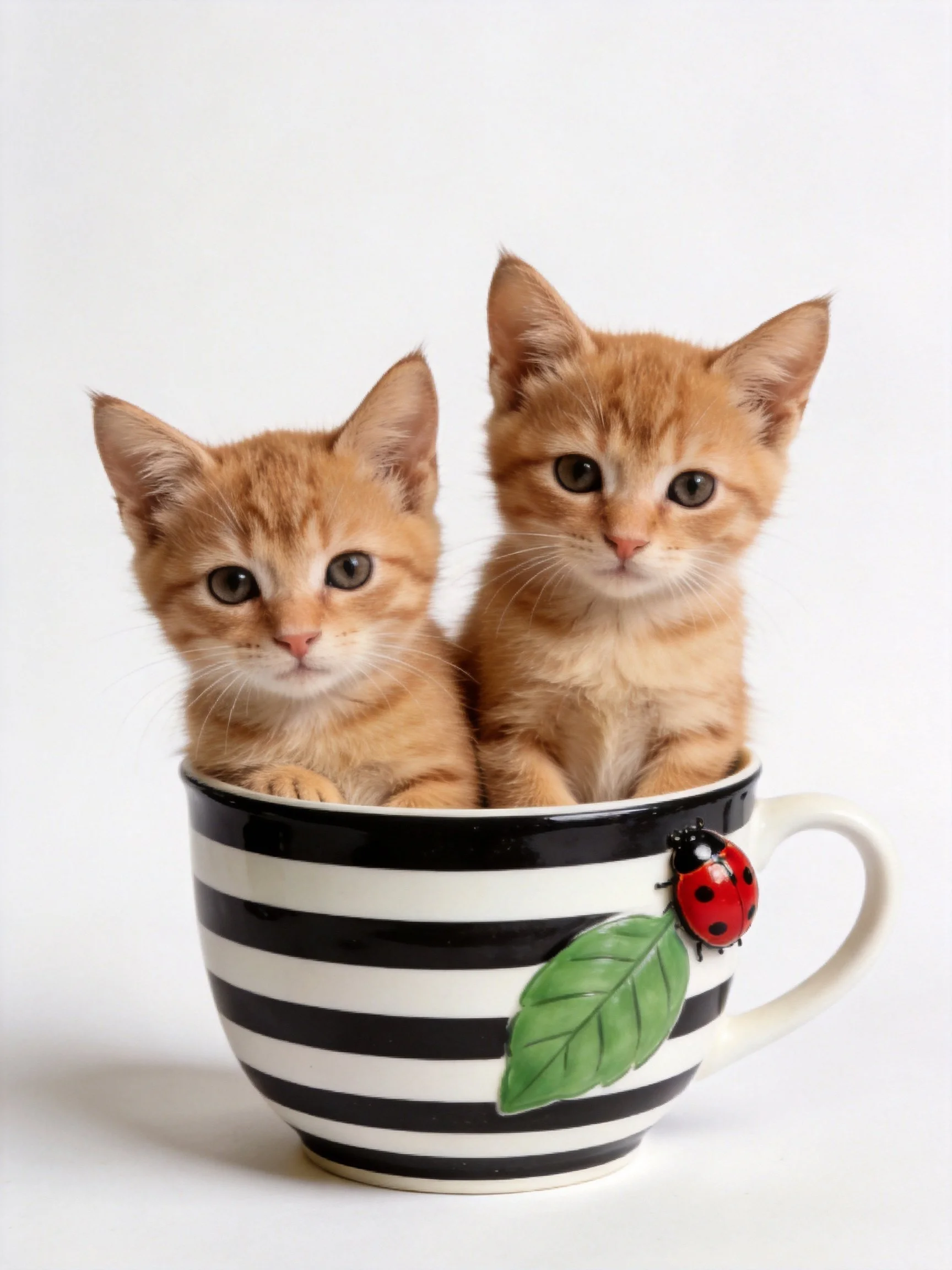 Two orange kittens sit in a black and white striped cup with ladybug accent
