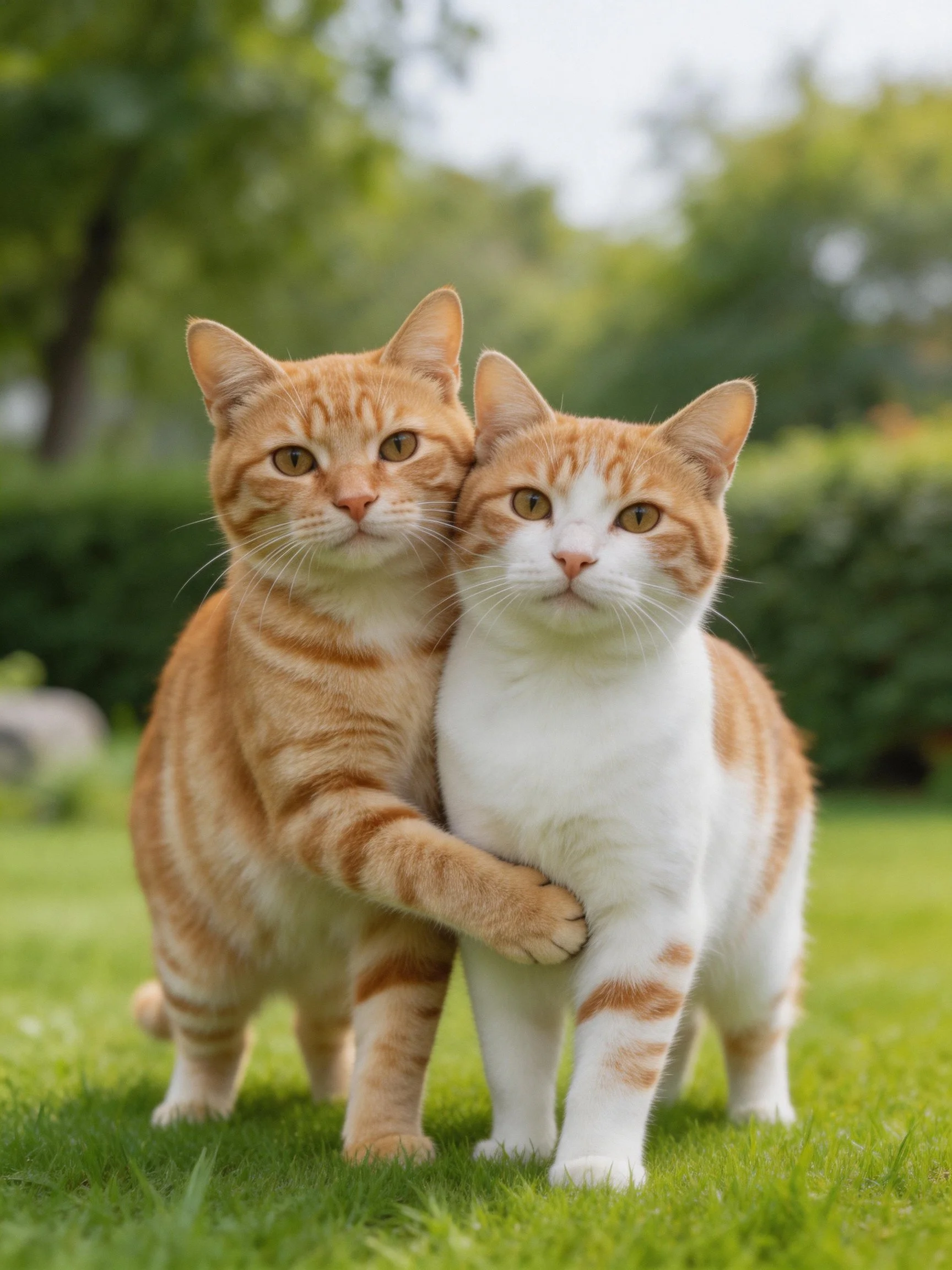 Two orange tabby cats cuddle on a green lawn