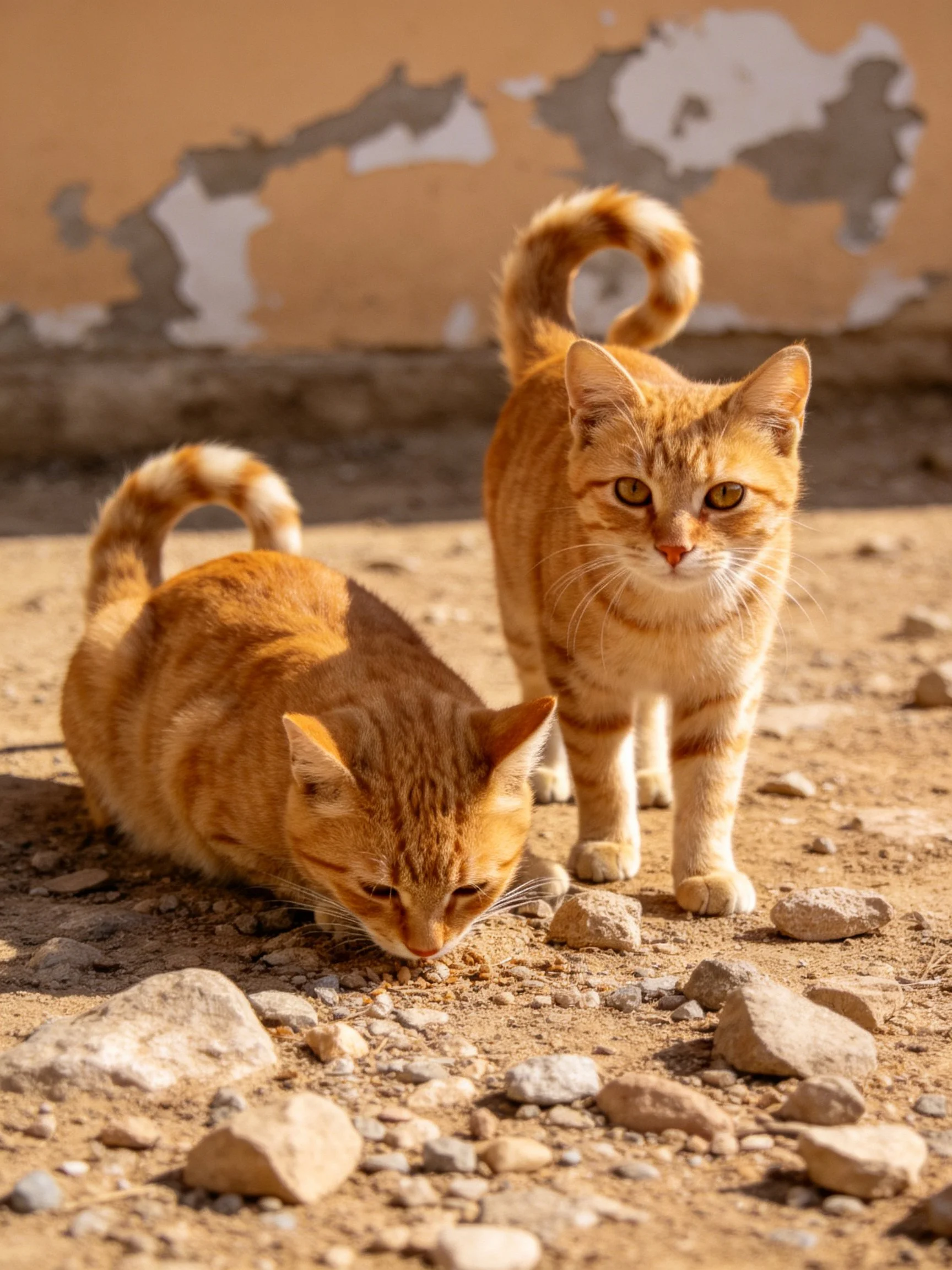Two orange tabby cats explore a rocky dirt path near a peeling wall