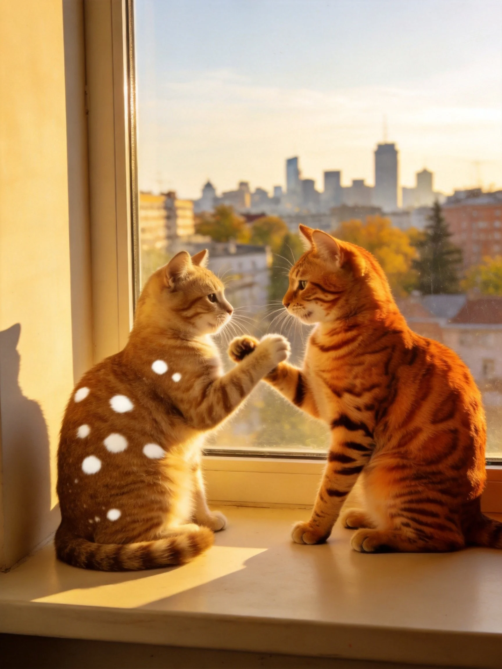 Two orange tabby cats interact by a sunlit window with a cityscape.