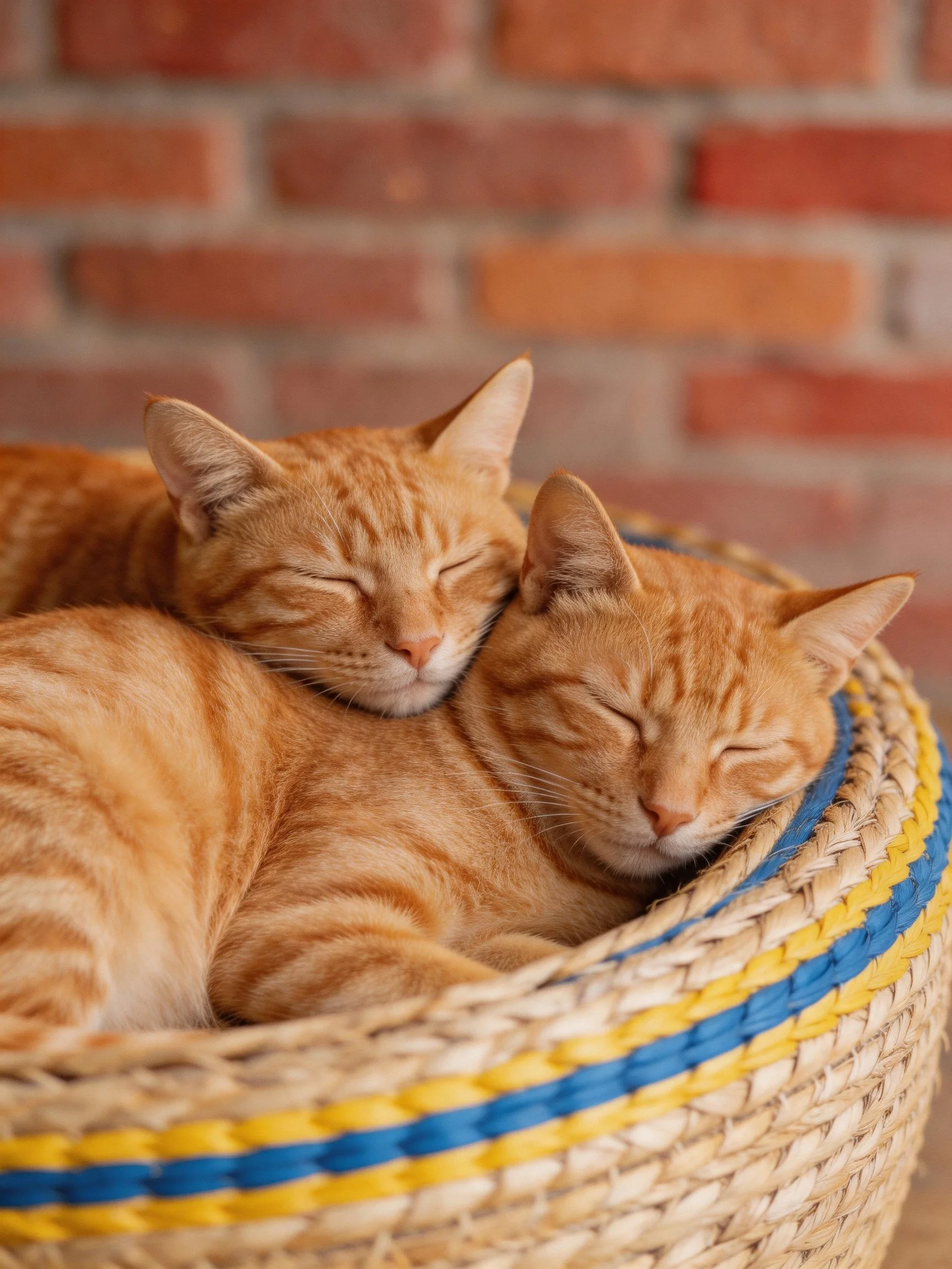 Two orange tabby cats rest together in a woven basket beside a brick wall.