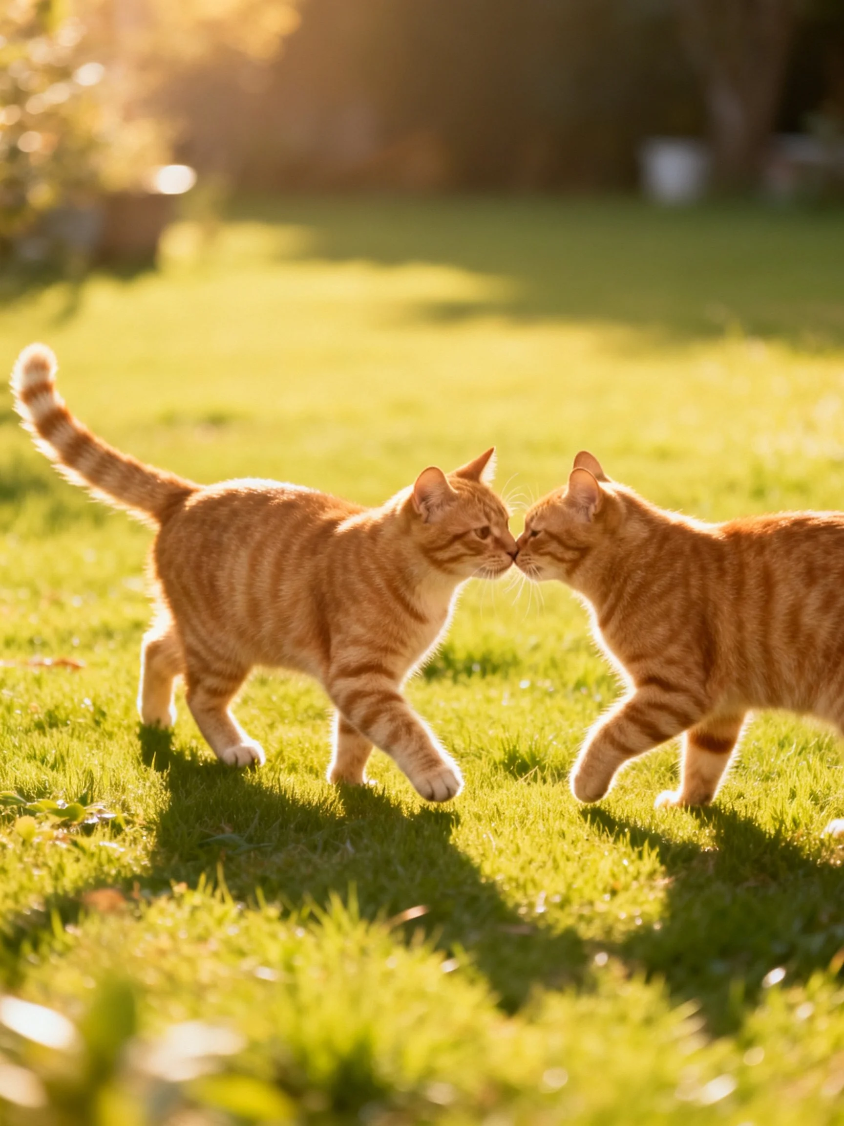 Two orange tabby cats nuzzling on a sunlit grassy field
