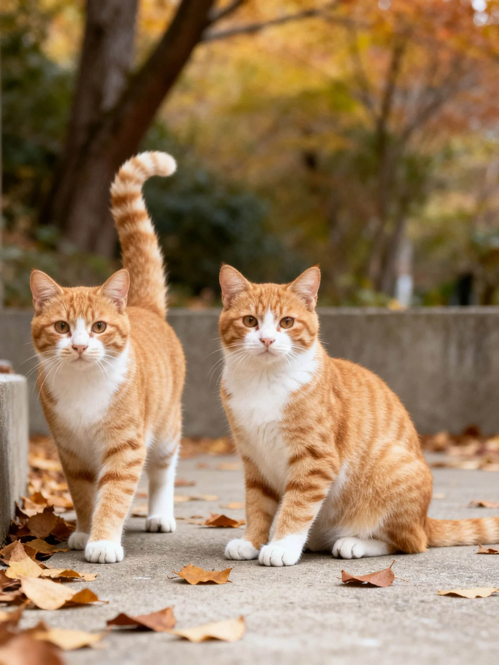 Two orange tabby cats sit and stand among fallen autumn leaves