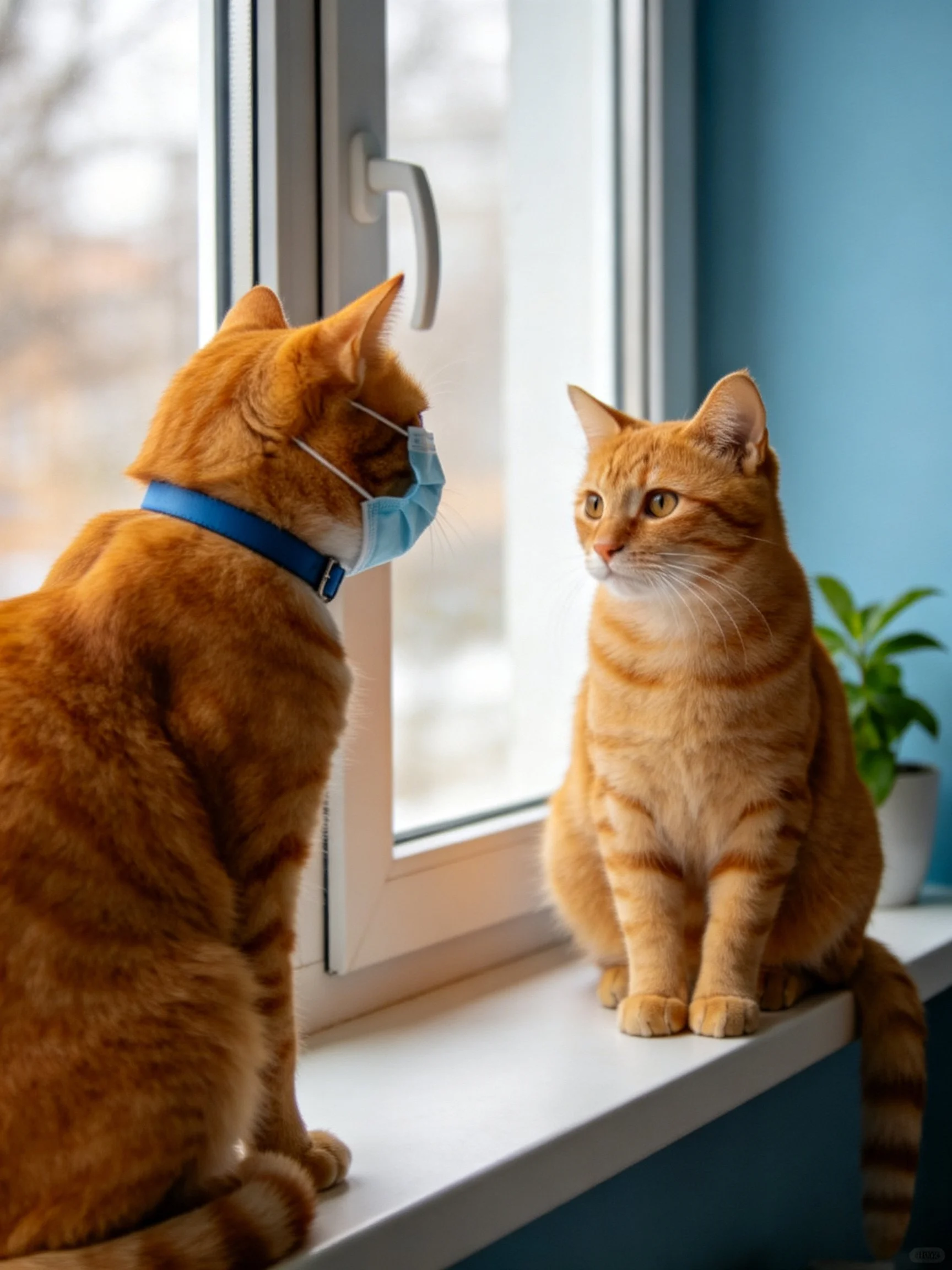 Two orange tabby cats sit by a window, one wearing a blue mask
