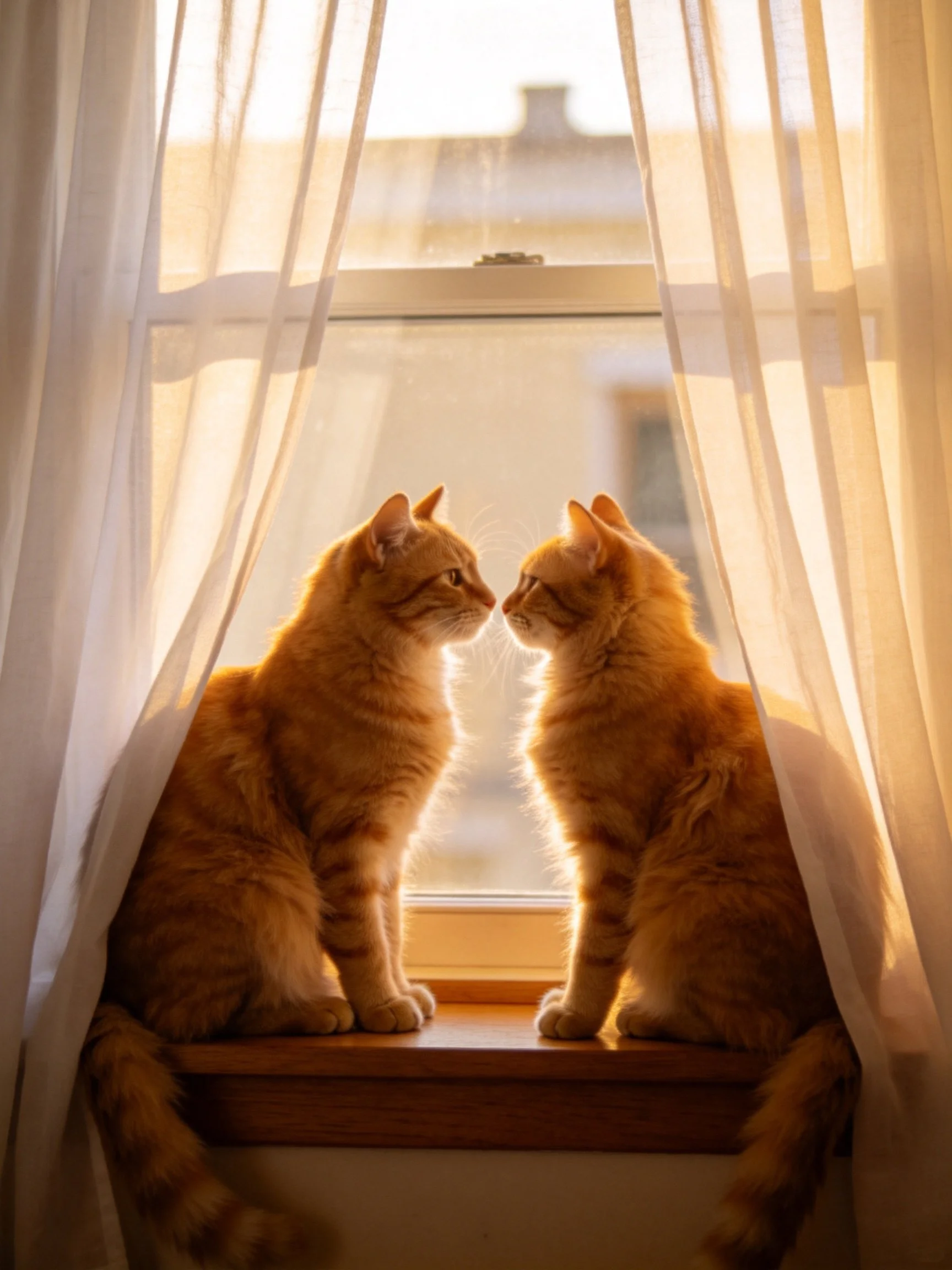 Two orange tabby cats face each other on a windowsill with sunlight through curtains.